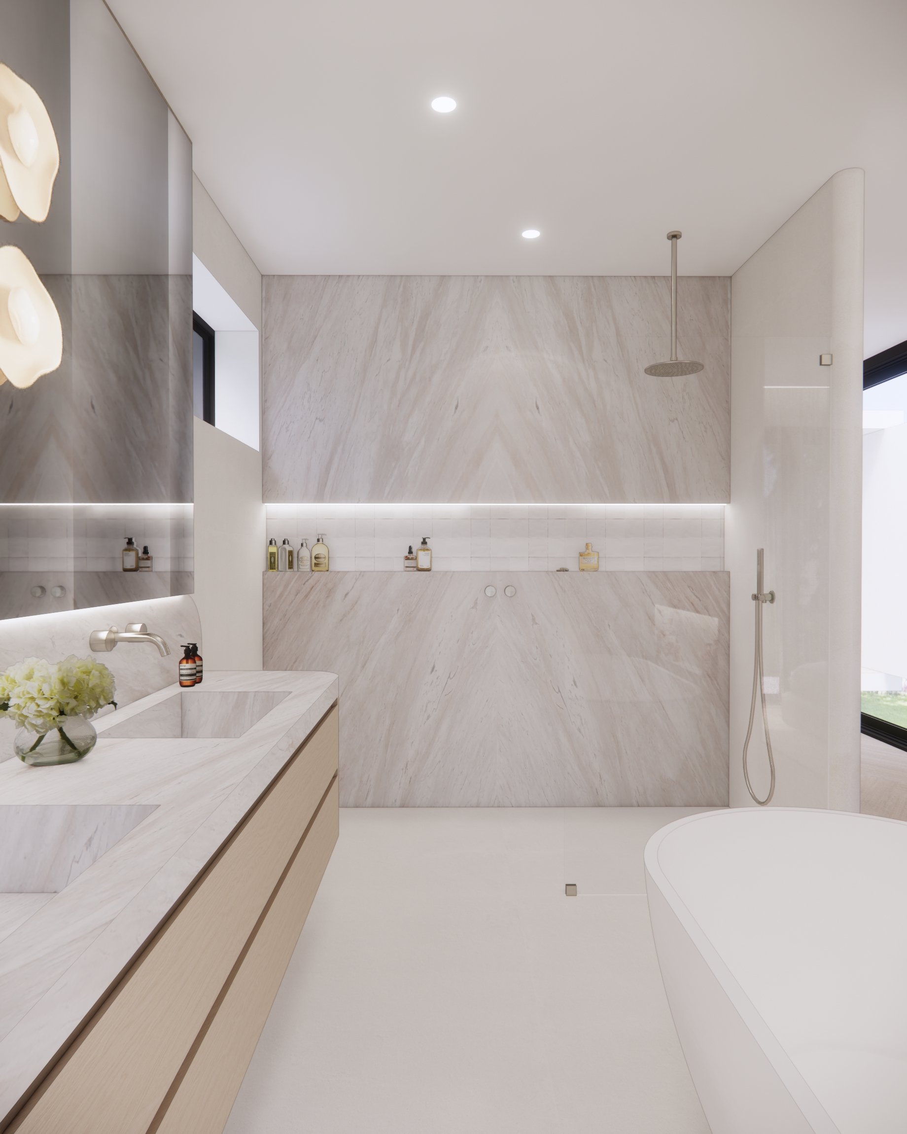 Spa-like master ensuite with feature stone wall, freestanding bath, and brushed metal fixtures in Sydney