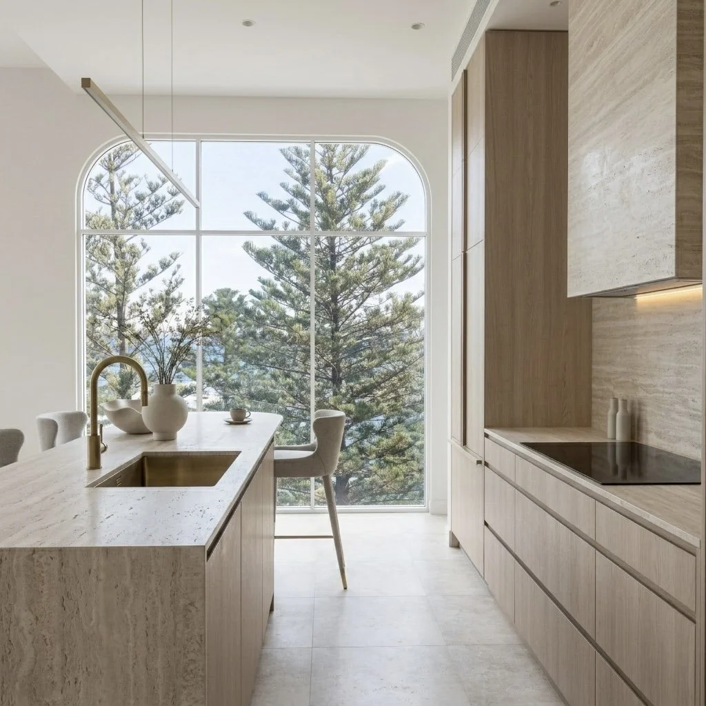 Modern coastal kitchen with fluted island, skylight above and pale timber cabinetry