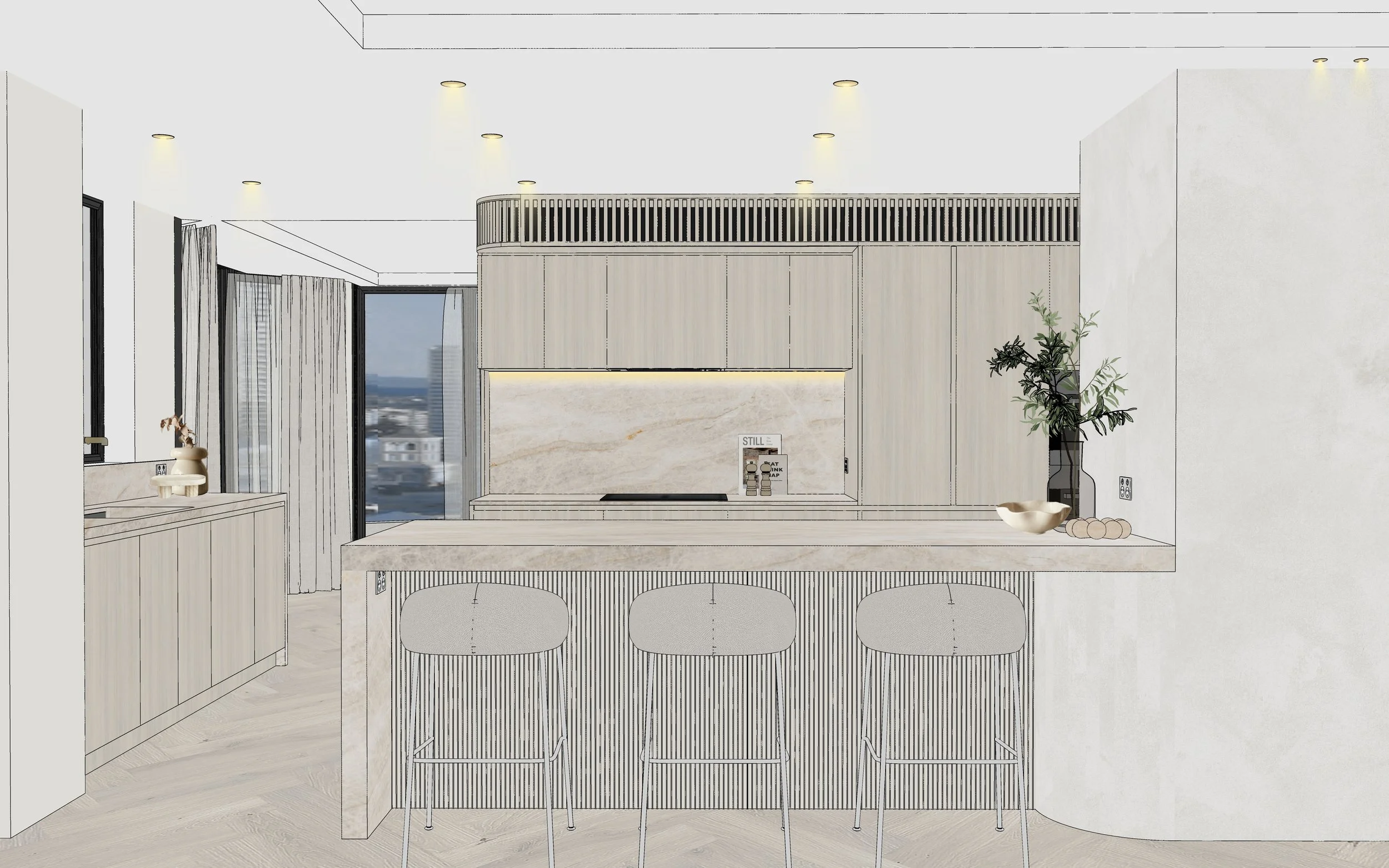 Soft neutral kitchen with ocean views and minimalist joinery by TID Studio