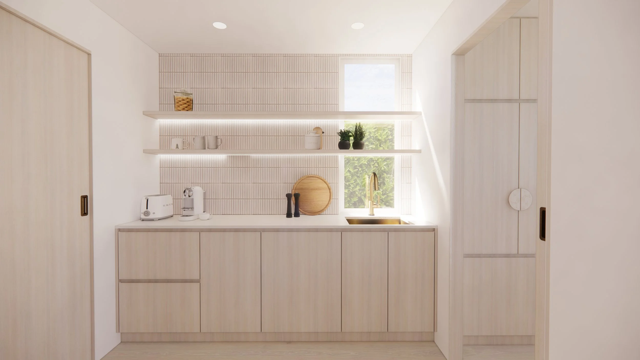 Modern coastal kitchen featuring adjacent butler's pantry, light timber cabinetry and neutral palette — Auriga Residence by TID Studio, Brisbane