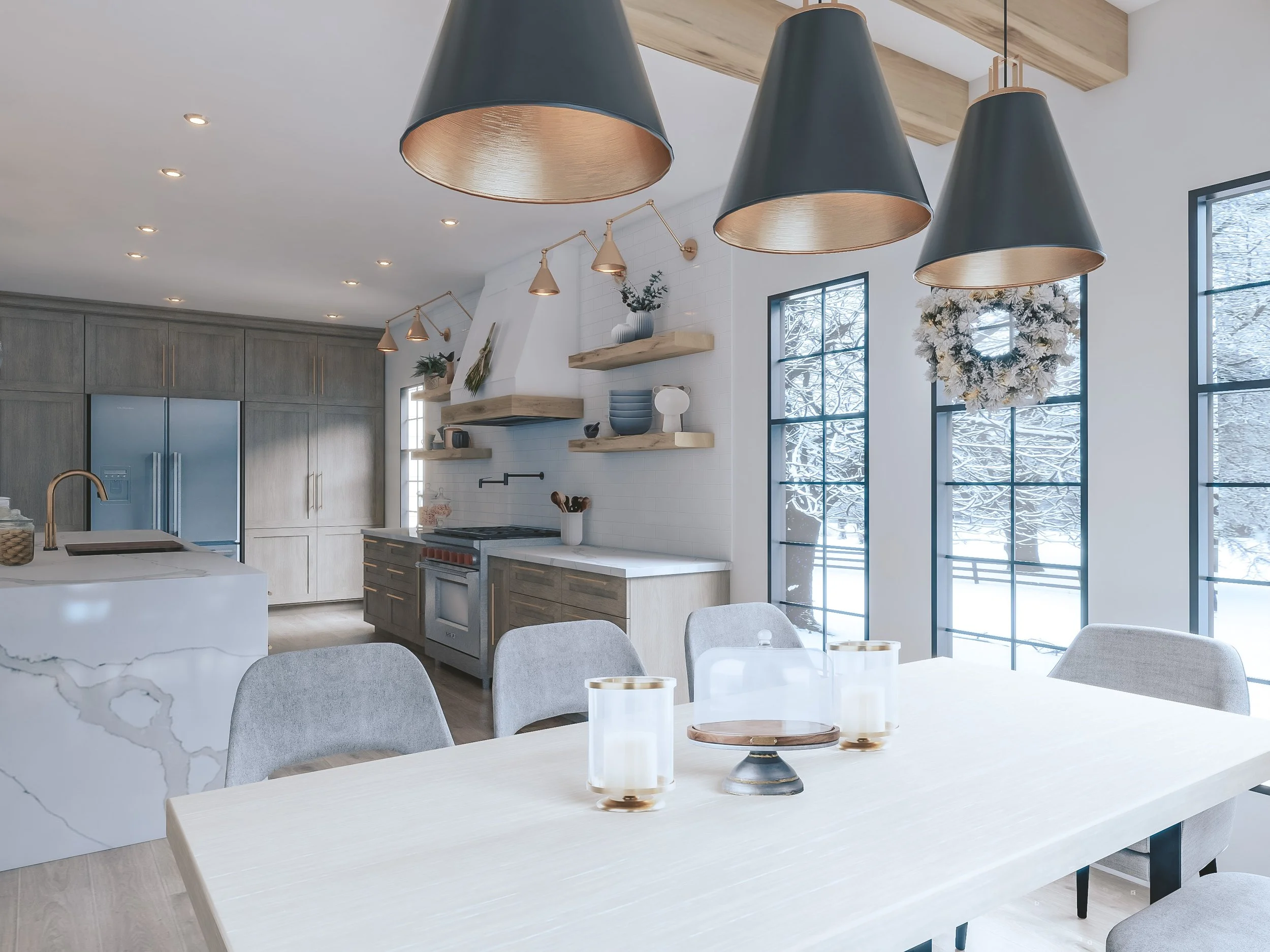 Modern farmhouse dining table with matte-black cone pendants and winter views through large windows