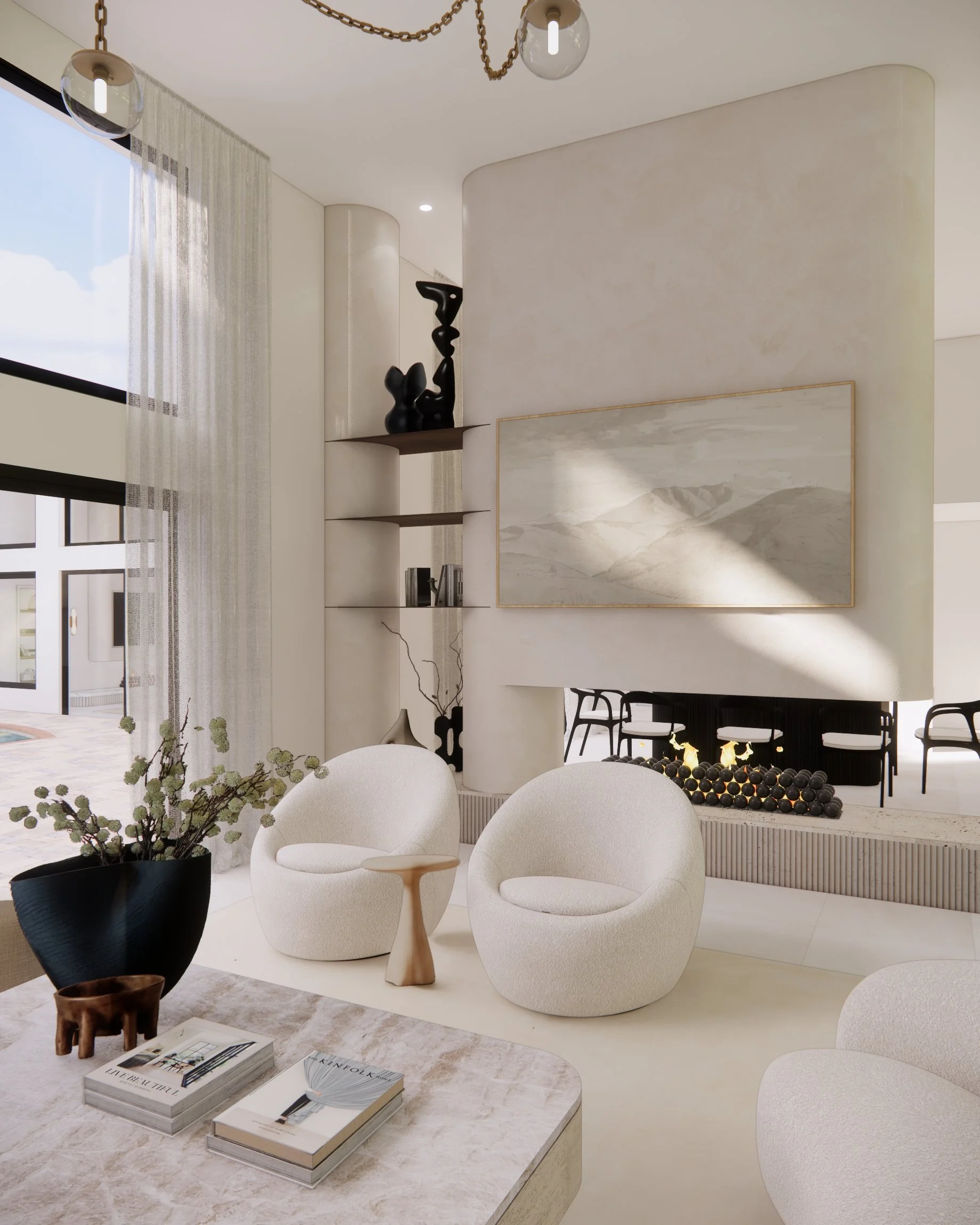 Neutral minimal living room with soft textures and large windows overlooking greenery in Miami