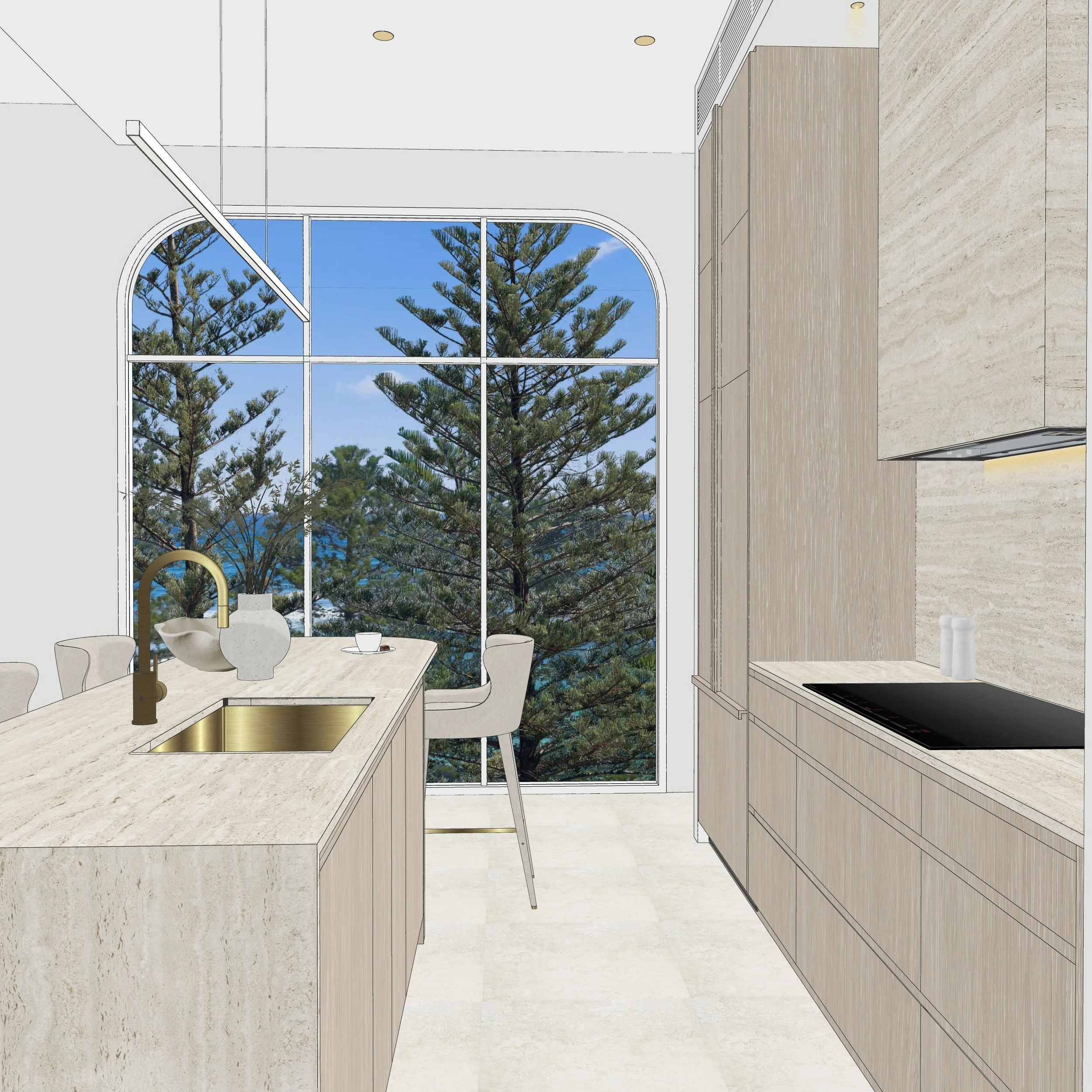 Coastal kitchen with stone bar pantry, brass fixtures and a wine fridge integrated into warm timber joinery