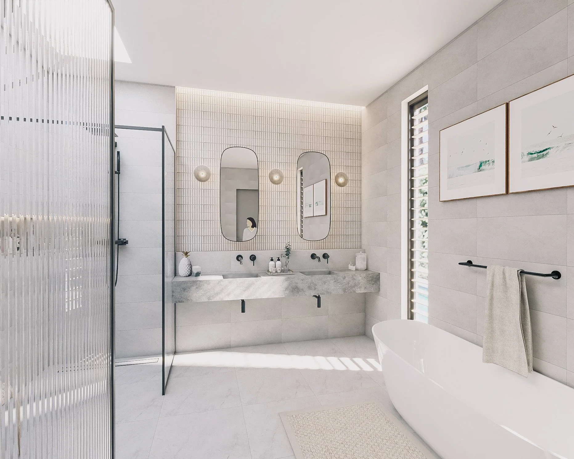 Modern coastal bathroom vanity with wall-to-wall stone benchtop and twin mirrors