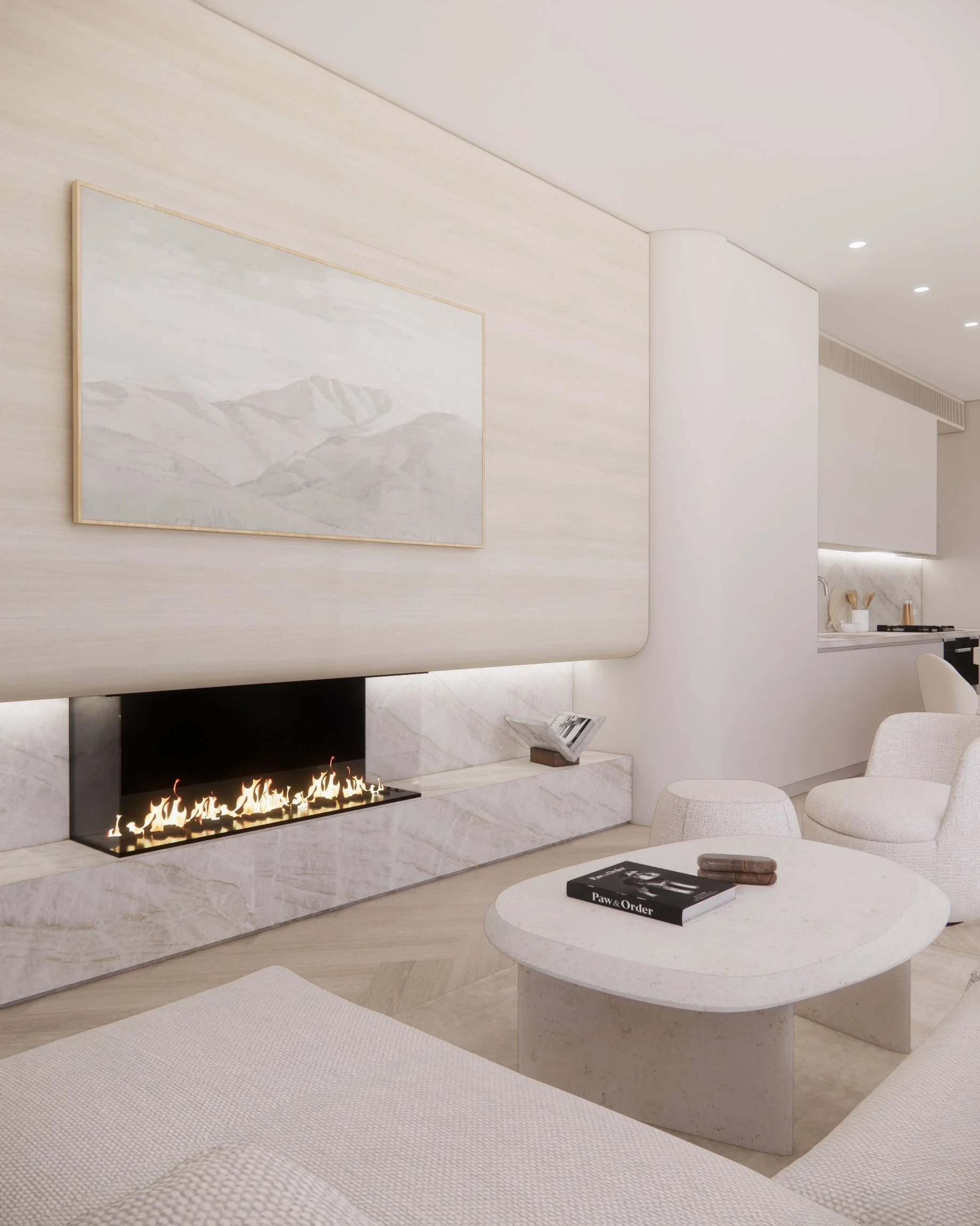 Contemporary living room with curved fireplace wall, layered stone hearth, and soft neutral interiors in Sydney