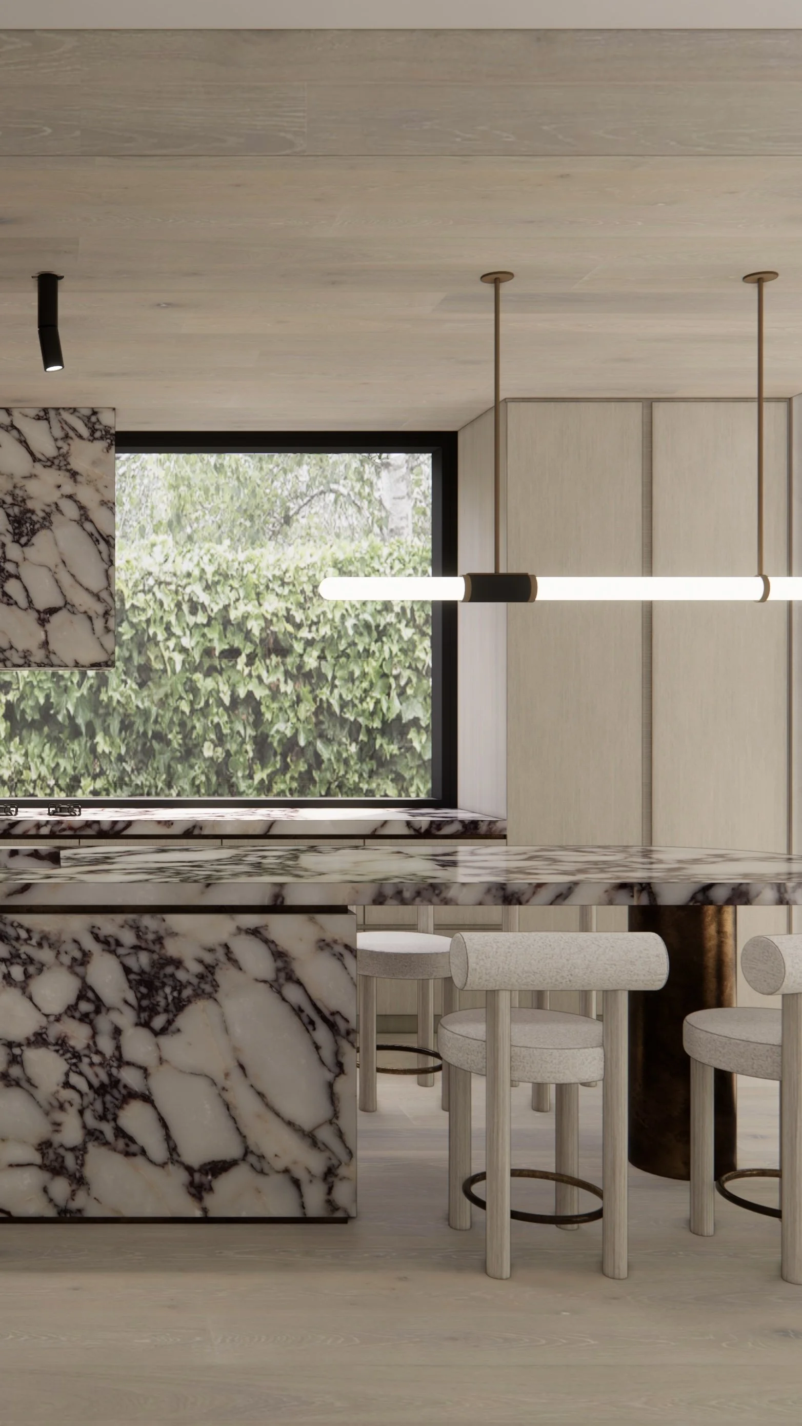 Kitchen design featuring Calacatta Viola stone island and warm timber cabinetry