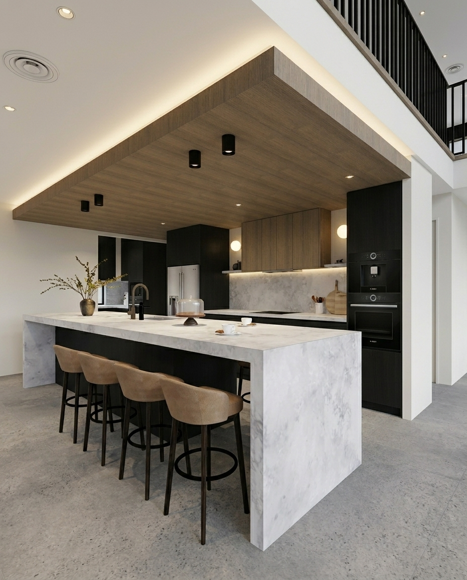 Modern black-and-oak kitchen design with stone island and timber ceiling feature — Brisbane interior design