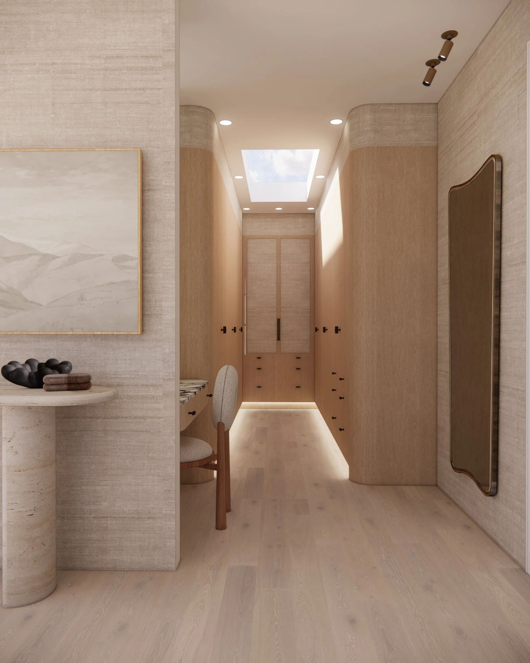 Warm Scandinavian-inspired joinery in Walk-in-Closet with curved cabinetry and marble countertop make-up desk in a contemporary Sydney residence