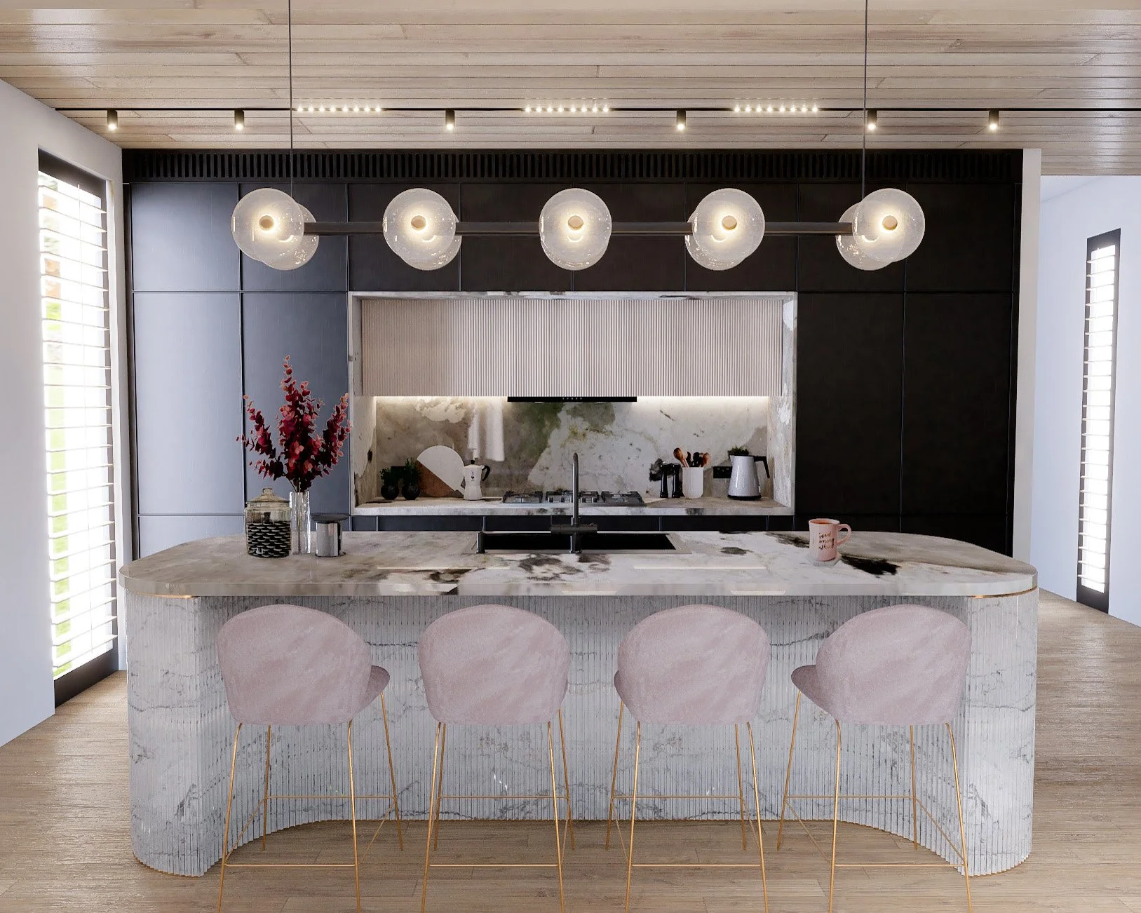 Modern coastal kitchen with curved fluted marble island designed by TID Studio, Gold Coast