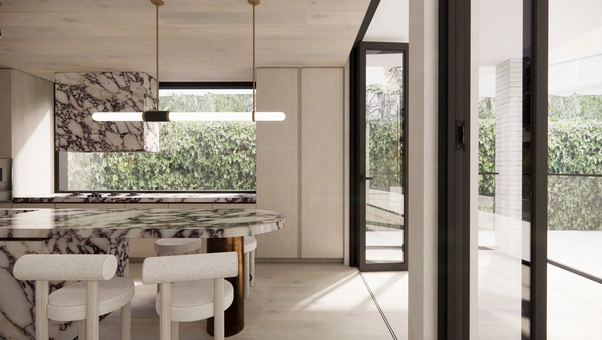 Kitchen design featuring Calacatta Viola stone island and warm timber cabinetry
