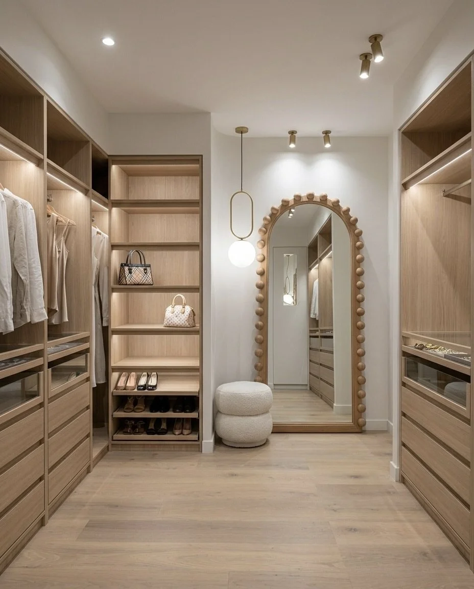 Custom walk-in wardrobe with full-height timber cabinetry, designed by TID Studio Sydney