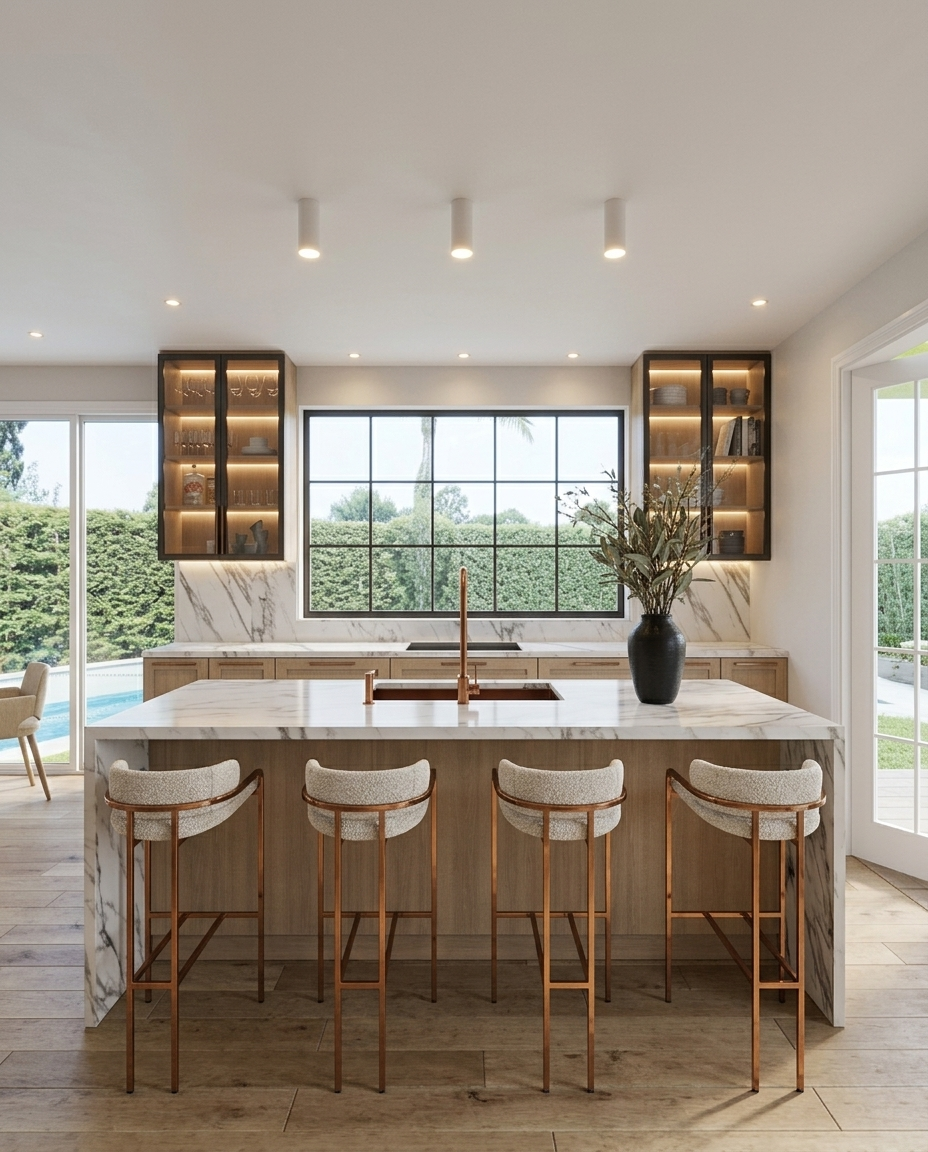Modern farmhouse kitchen with oak cabinetry, natural stone island and brushed brass details designed by TID Studio in Brisbane
