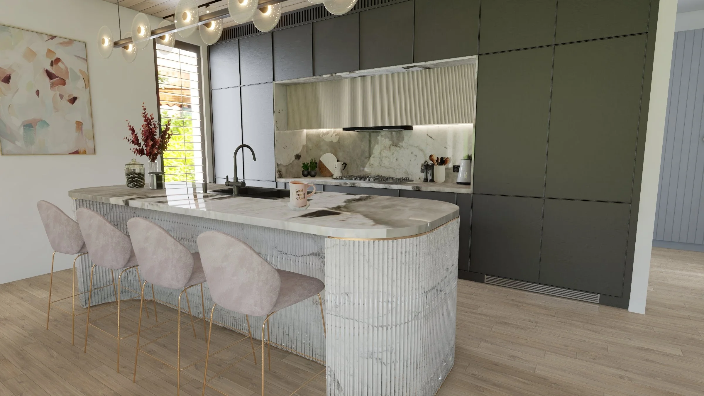 Modern coastal kitchen with curved fluted marble island designed by TID Studio, Gold Coast
