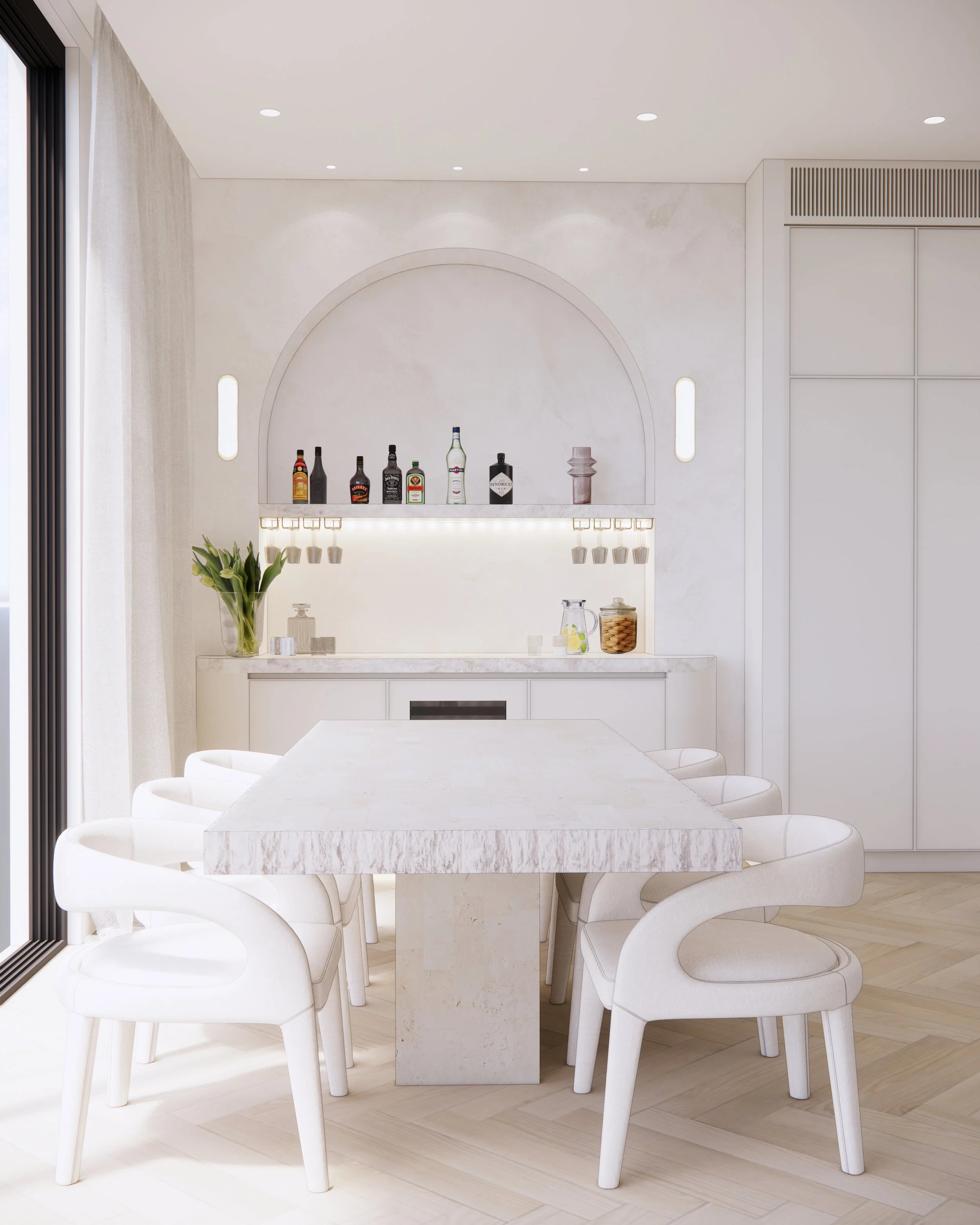 Curved bar alcove with arched detailing, backlit shelving, and stone benchtop