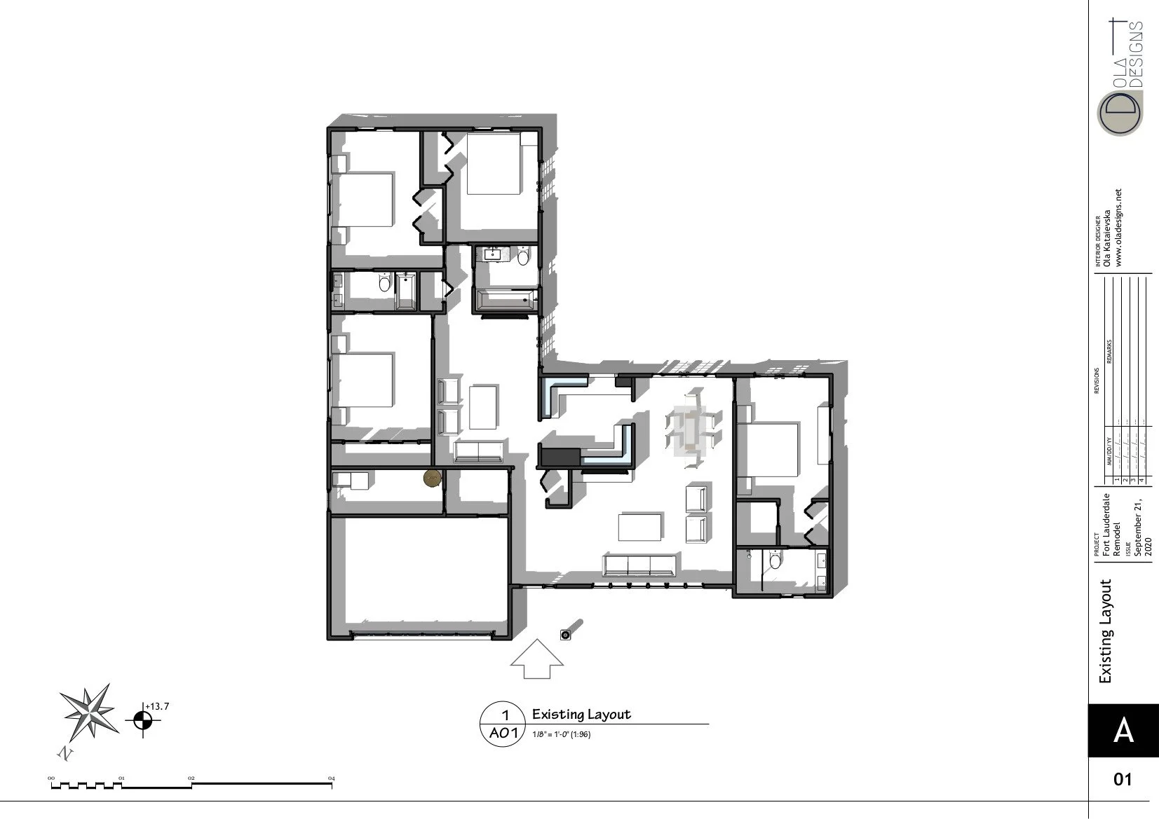 Hamptons-style open plan living room and kitchen, designed by TID Studio in Florida. Example Interiors Drawings Set