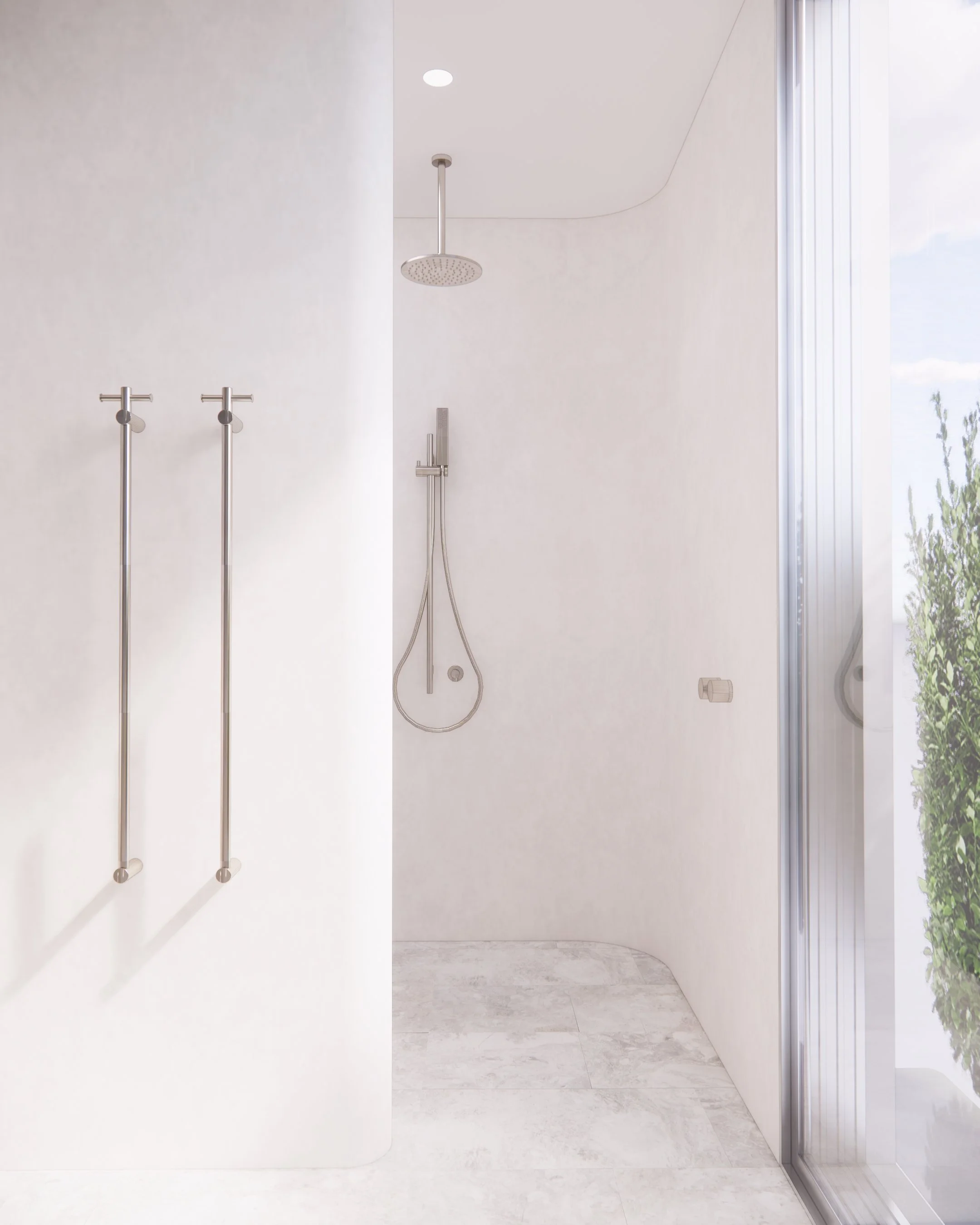 Soft minimal ensuite design in Sydney featuring a curved shower wall, brushed nickel tapware and warm neutral finishes by TID Studio