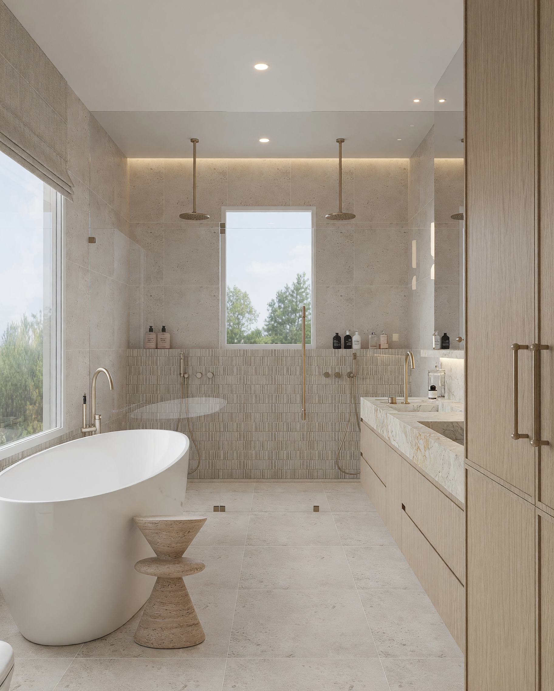 Modern master ensuite with double vanity, double shower, freestanding bathtub, bronze fixtures and contemporary lighting, designed by TID Studio