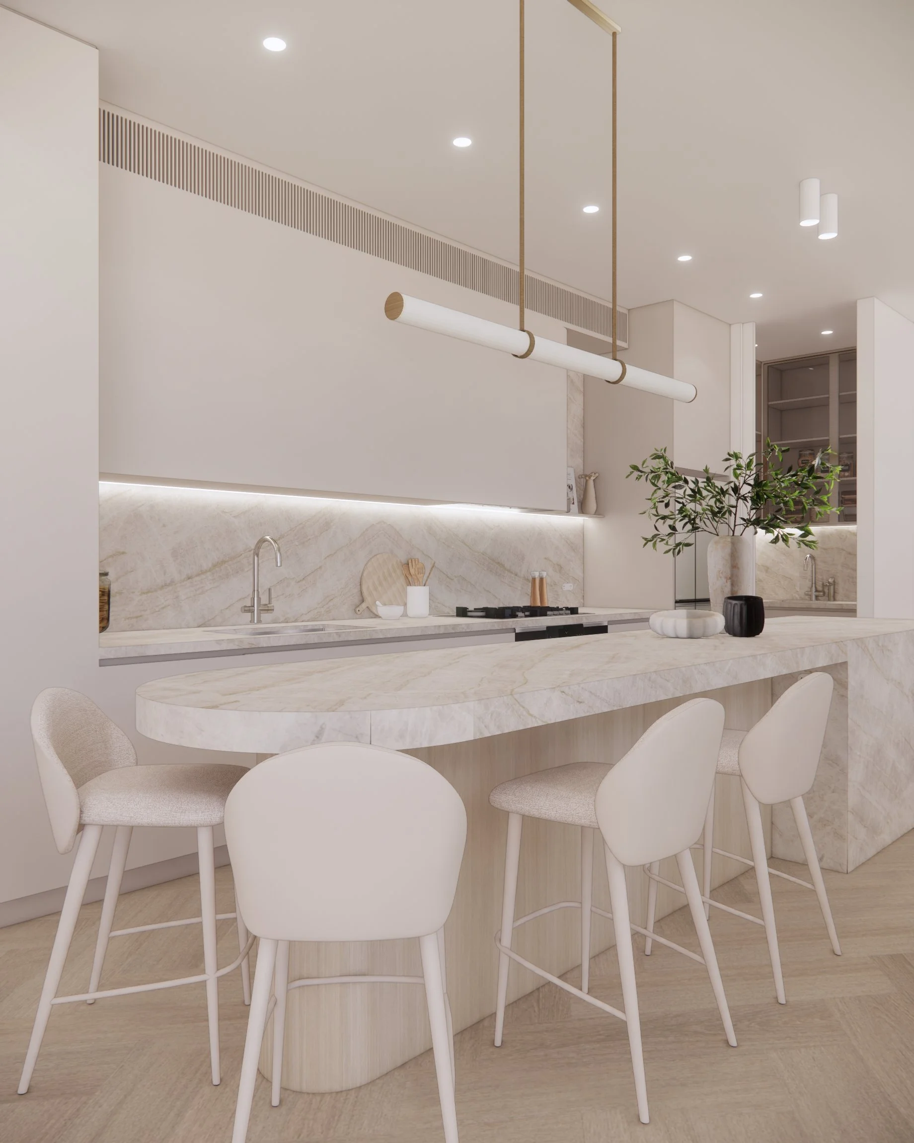 Neutral stone kitchen island with curved edges, soft minimal palette, and contemporary joinery design in Sydney home by TID Studio
