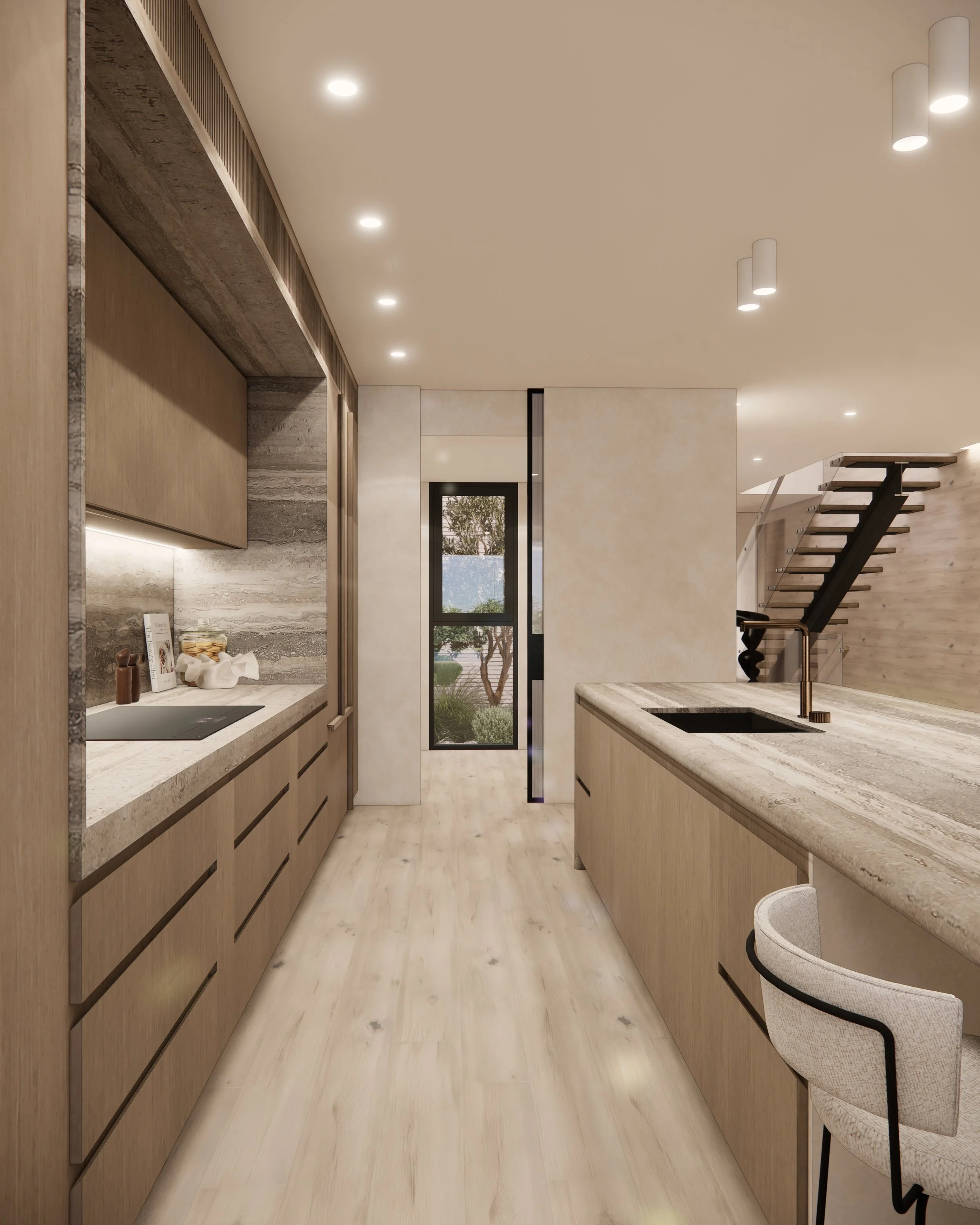 Travertine kitchen island with curved base, warm timber cabinetry, and coastal contemporary palette