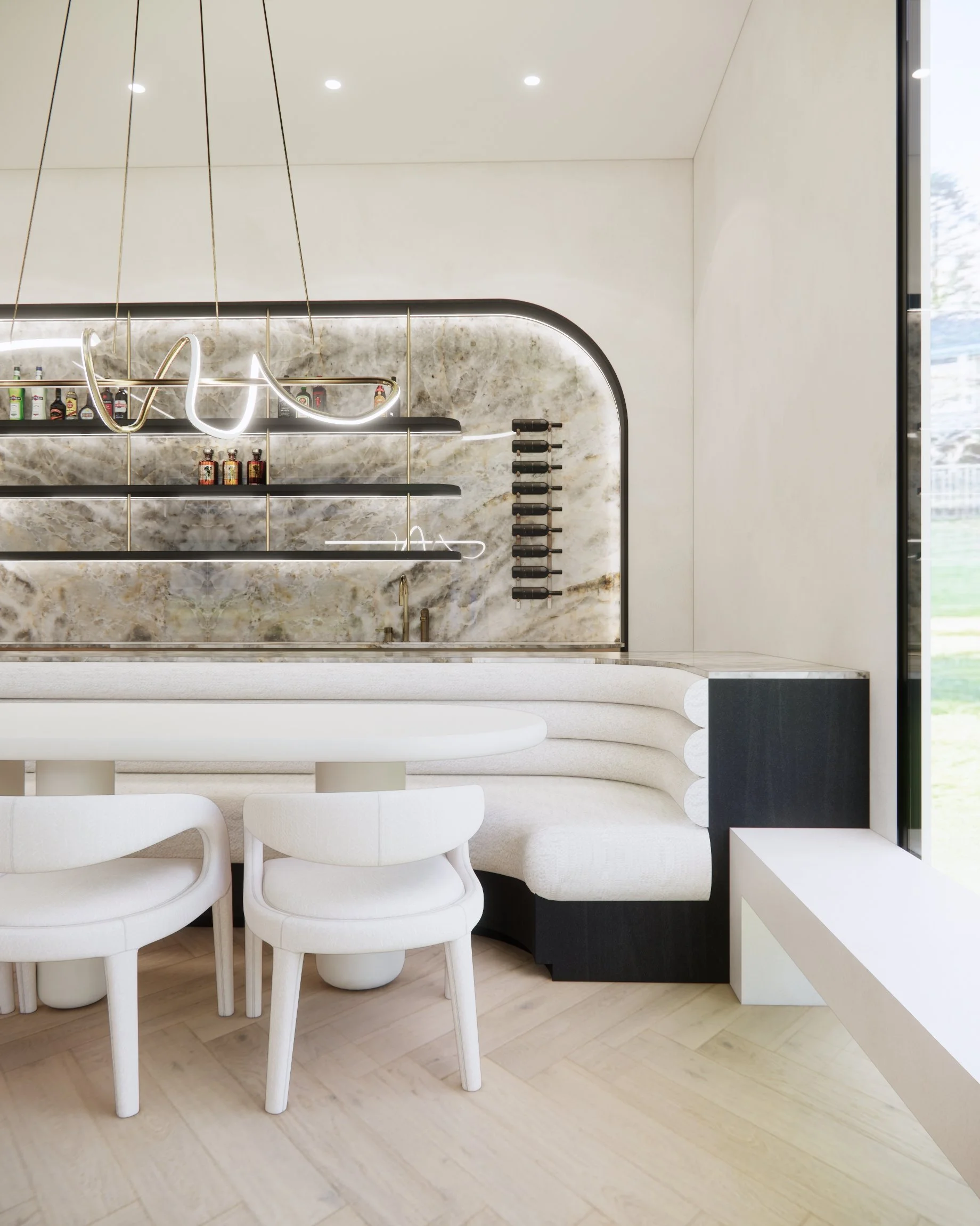 Soft neutral pool house with custom curved backlit bar and island with integrated banquette, modular sofa with fireplace anchored by stone benchseat on the sides, and warm minimal styling designed by TID Studio in Sydney