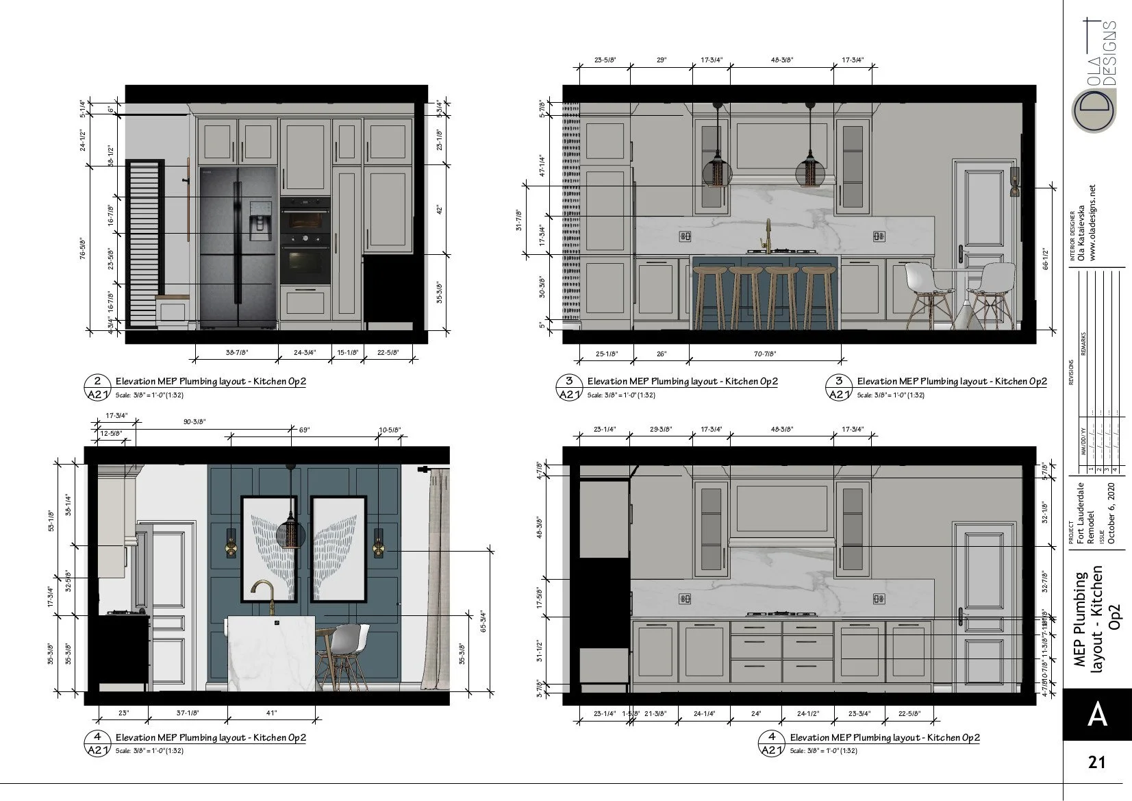 Hamptons-style open plan living room and kitchen, designed by TID Studio in Florida. Example Interiors Drawings Set