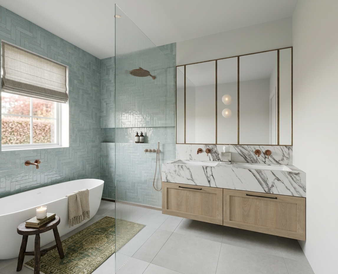 Modern farmhouse primary ensuite with freestanding bath, double vanity and natural stone finishes in Brisbane