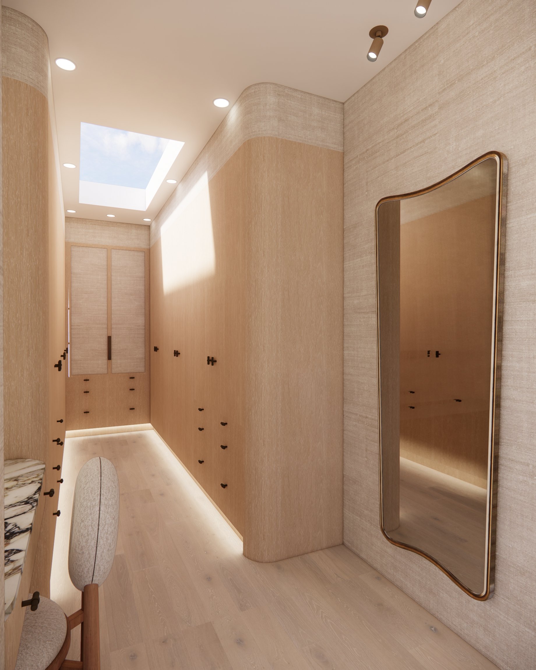 Warm Scandinavian-inspired joinery in Walk-in-Closet with curved cabinetry and marble countertop make-up desk in a contemporary Sydney residence