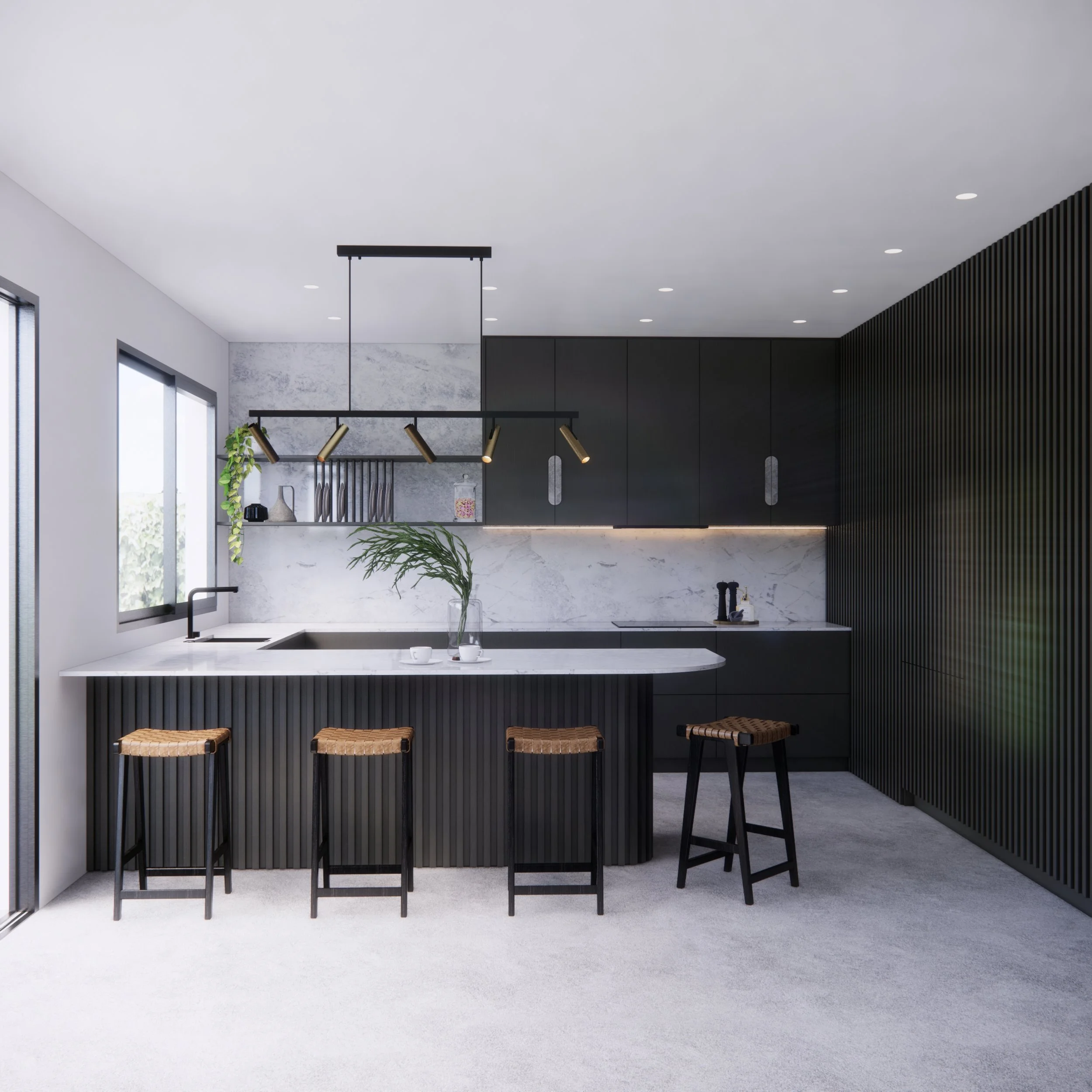 Fluted kitchen island with stone countertop in modern family home