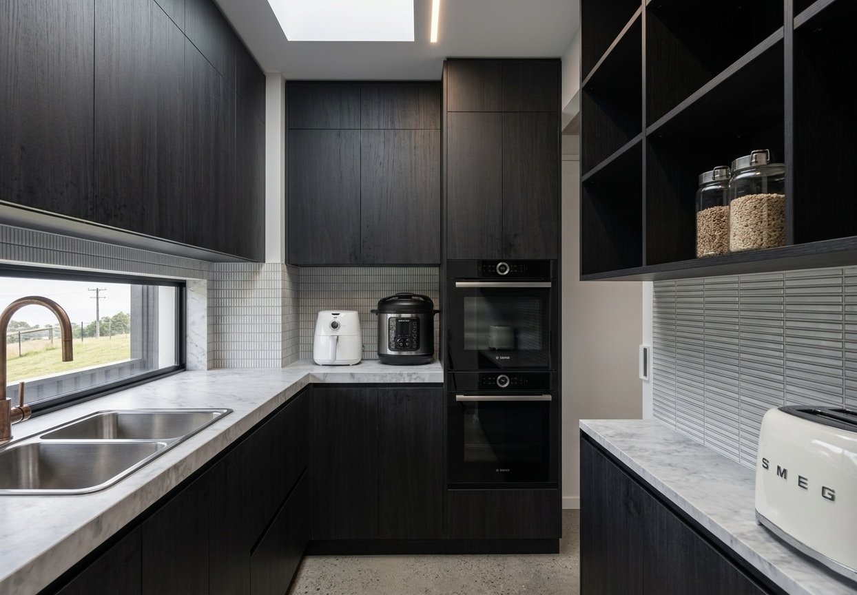 Modern black-and-oak kitchen design with stone island and timber ceiling feature — Brisbane interior design