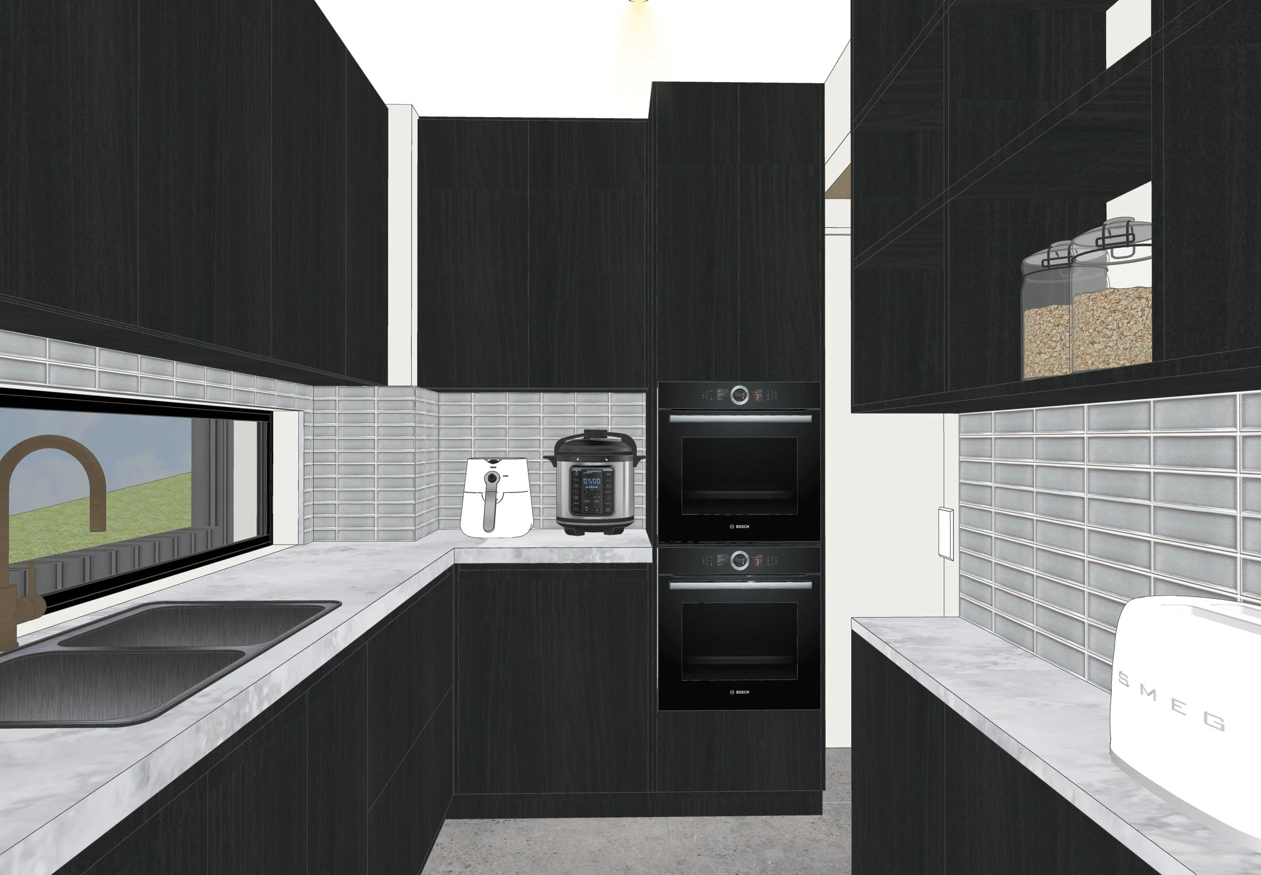 Modern black-and-oak kitchen design with stone island and timber ceiling feature — Brisbane interior design