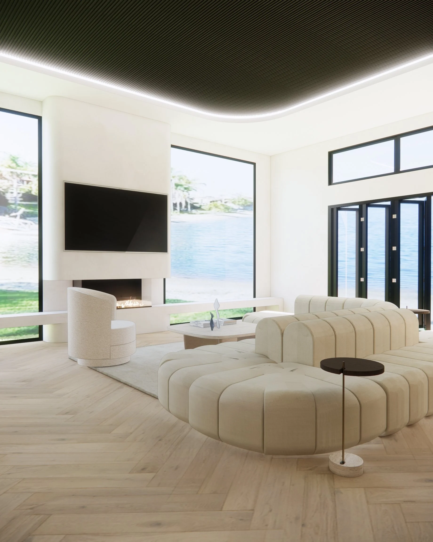 Soft neutral pool house with custom curved backlit bar and island with integrated banquette, modular sofa with fireplace anchored by stone benchseat on the sides, and warm minimal styling designed by TID Studio in Sydney