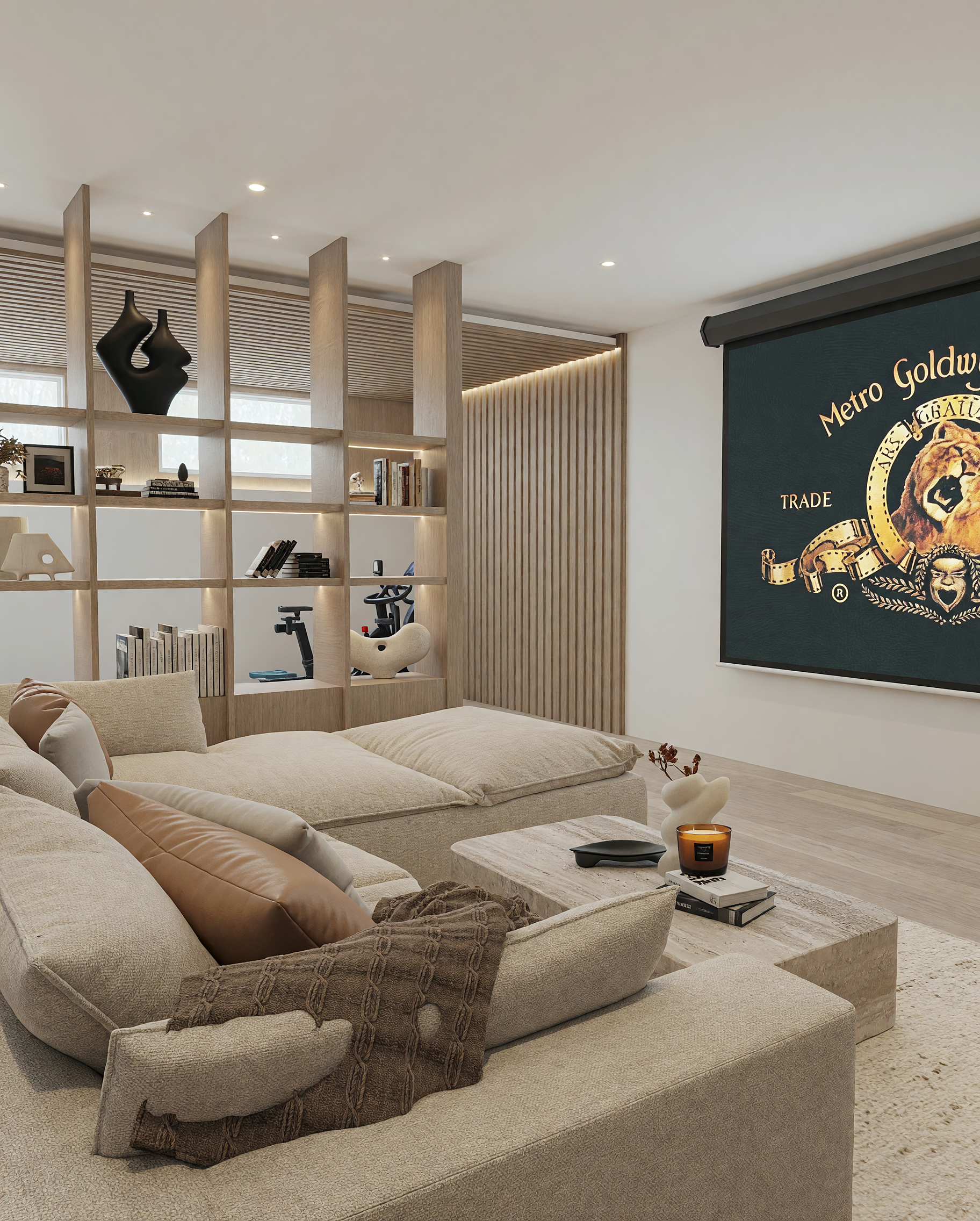 Modern rumpus, den with custom cabinetry and contemporary lighting, designed by TID Studio