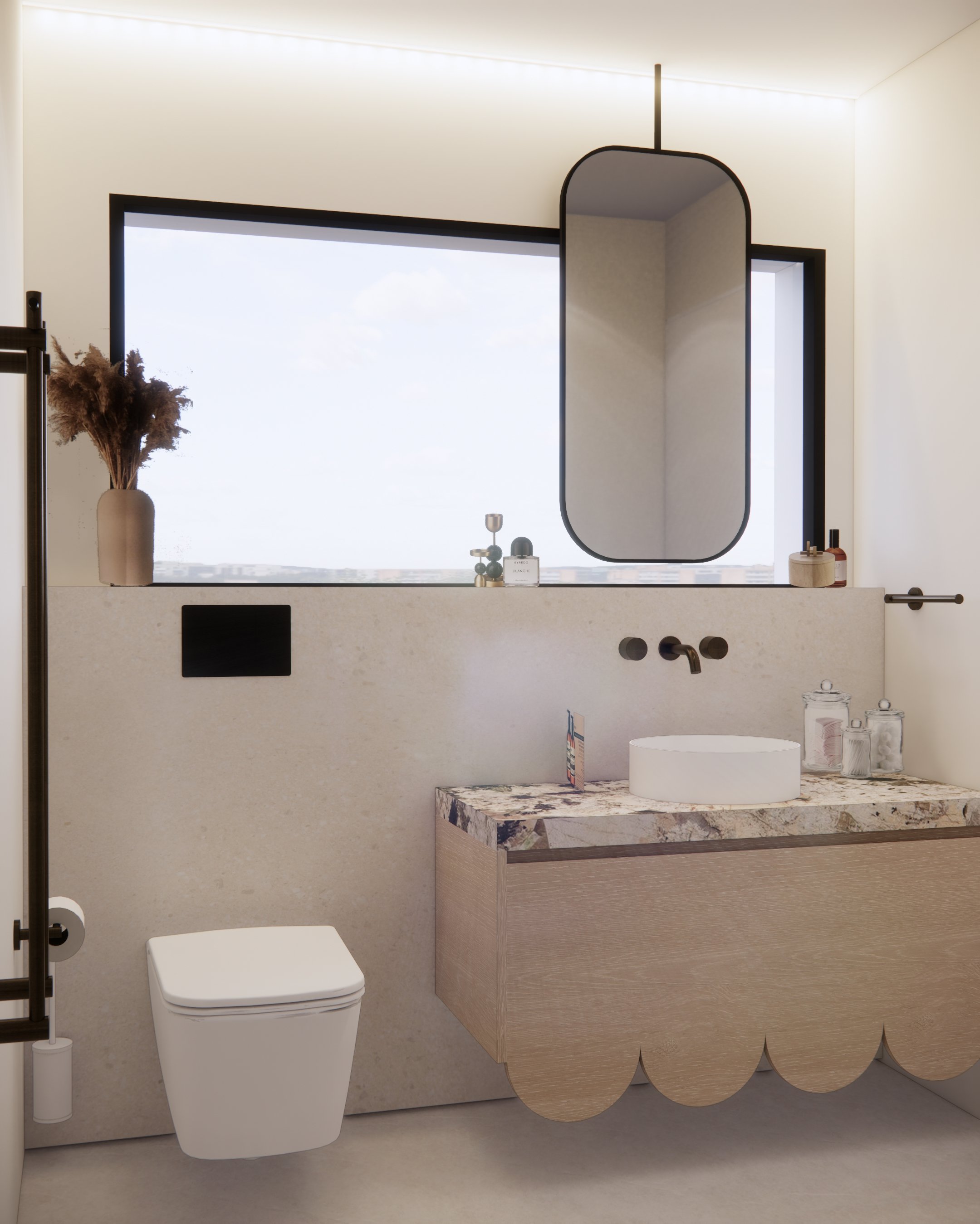 Guest bathroom with soft stone textures and minimalist curved shower