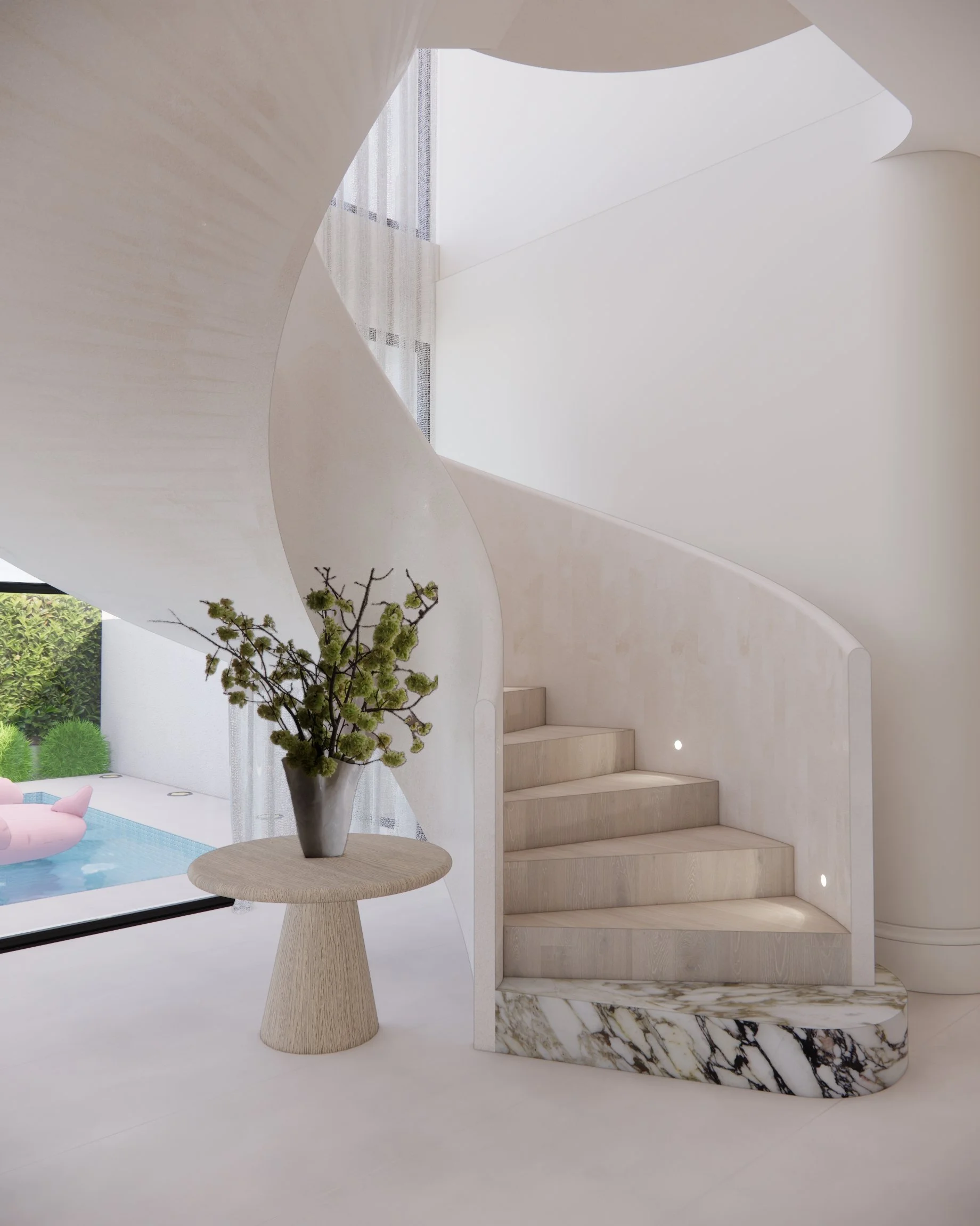 Contemporary living room with marble fireplace, curved staircase, and oversized neutral seating in a Sydney new-build
