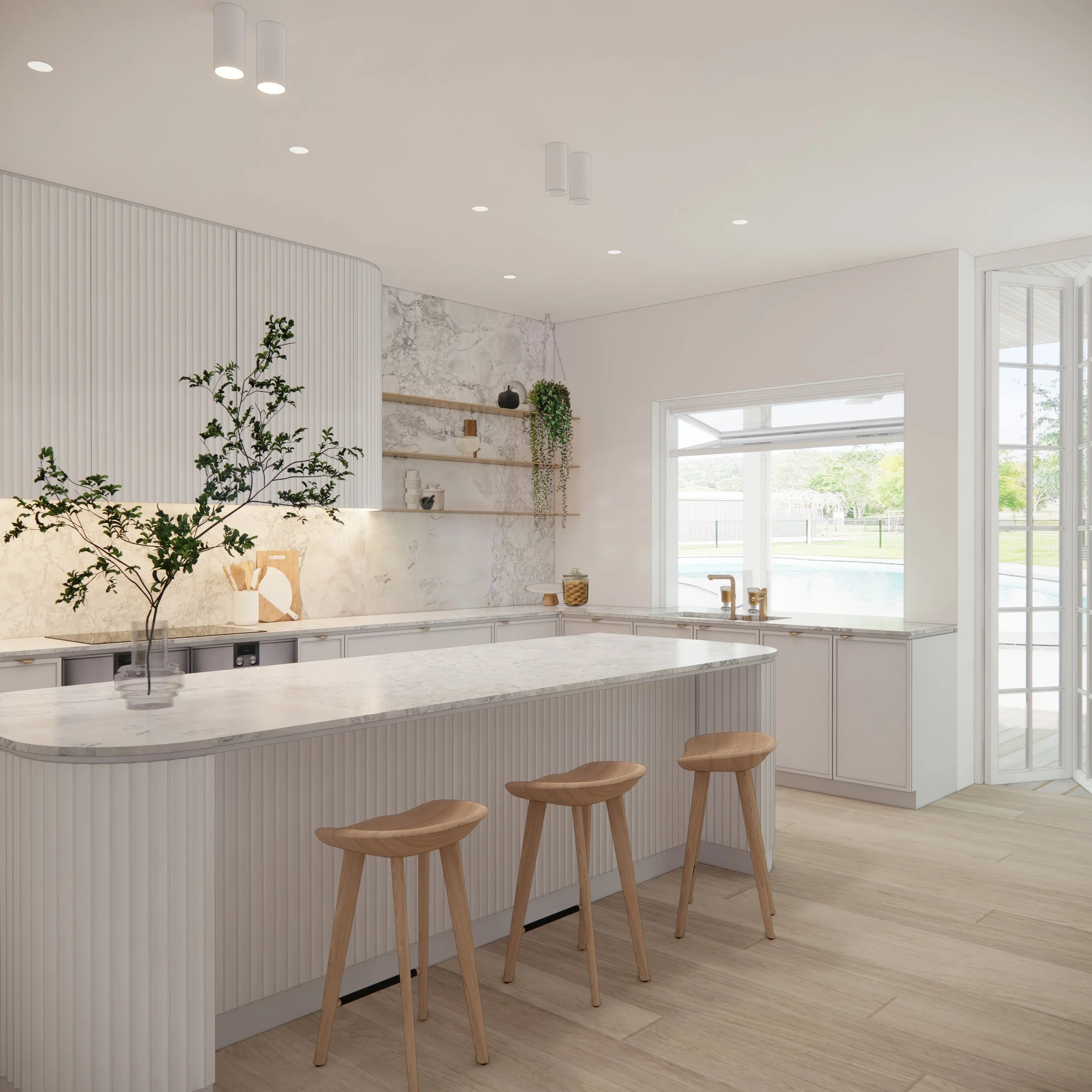 Modern coastal kitchen renovation in Brisbane with fluted island, walnut cabinetry, and brass details designed by TID Studio