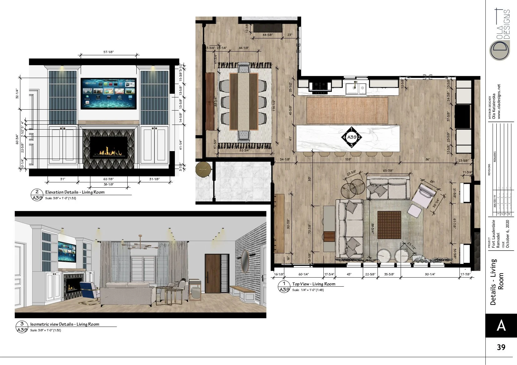 Hamptons-style open plan living room and kitchen, designed by TID Studio in Florida. Example Interiors Drawings Set