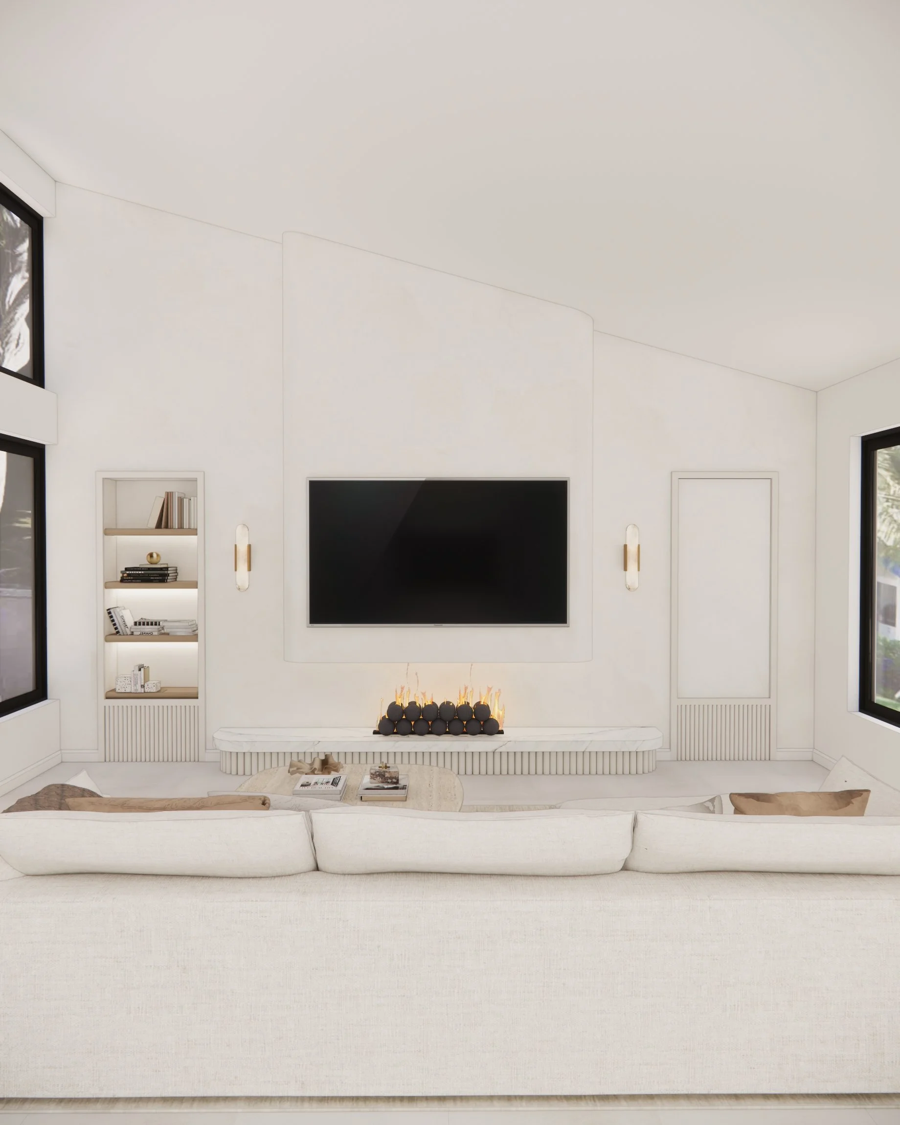 Contemporary family room with curved wall fireplace and light stone hearth in Miami, Florida renovation