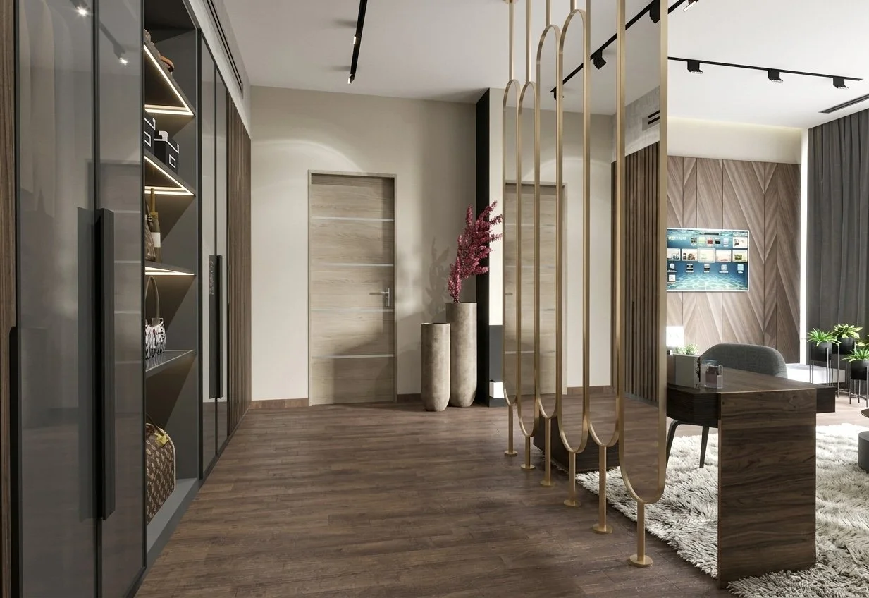 Contemporary Dubai master bedroom with vanity divider, warm lighting, and modern upholstered bed