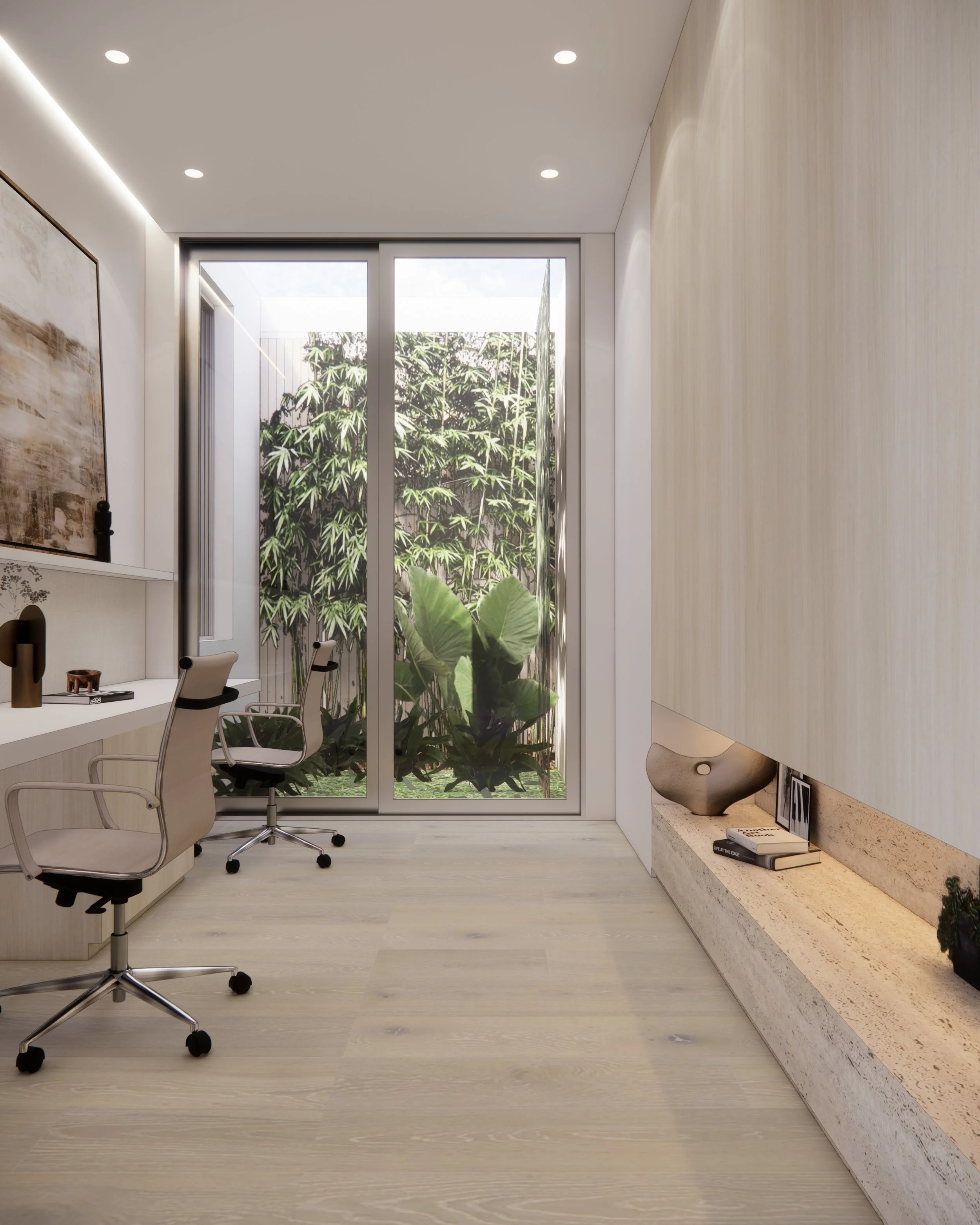 Fluted glass and metal frame arched door in a minimalist entry to a study with timber joinery and stone ledge.