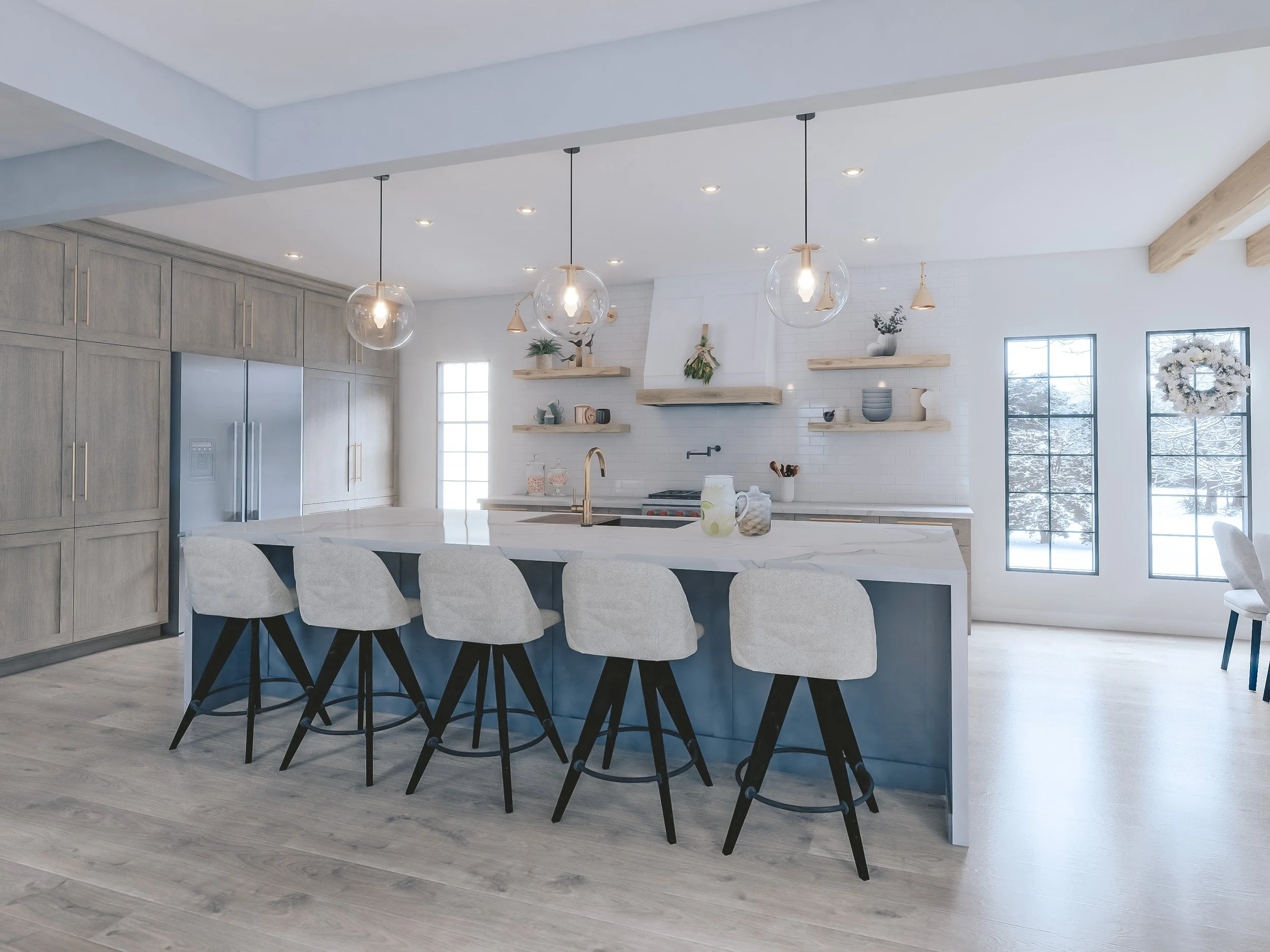 Kitchen renovation featuring navy island, upholstered bar stools, and open shelving in modern farmhouse style