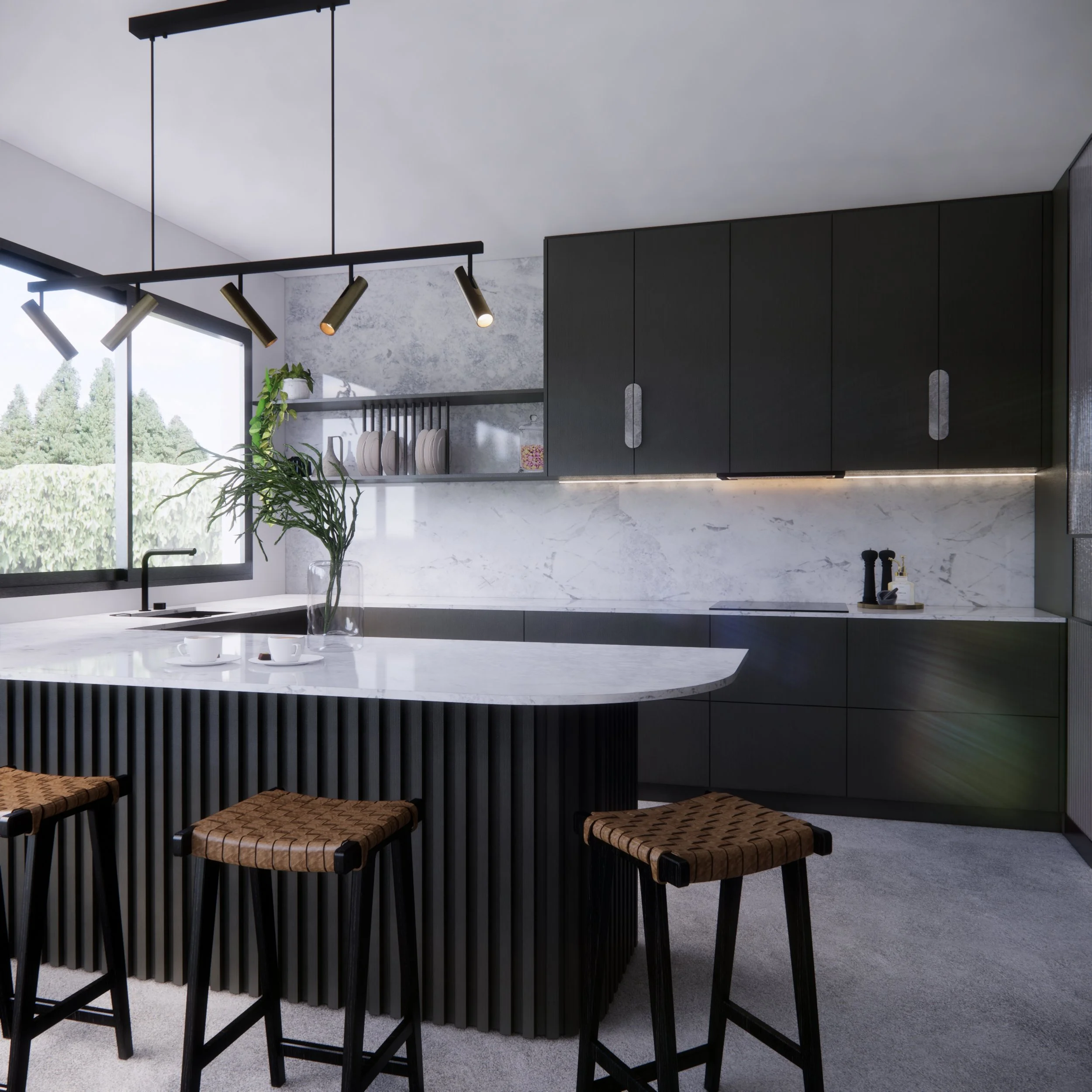Black and timber kitchen design with textural battens and brass lighting