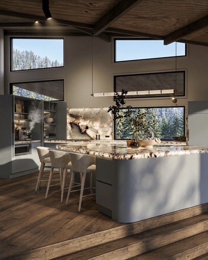 Contemporary timber kitchen with sculpted stone island overlooking mountain views — modern mountain chalet renovation, interior design by TID Studio