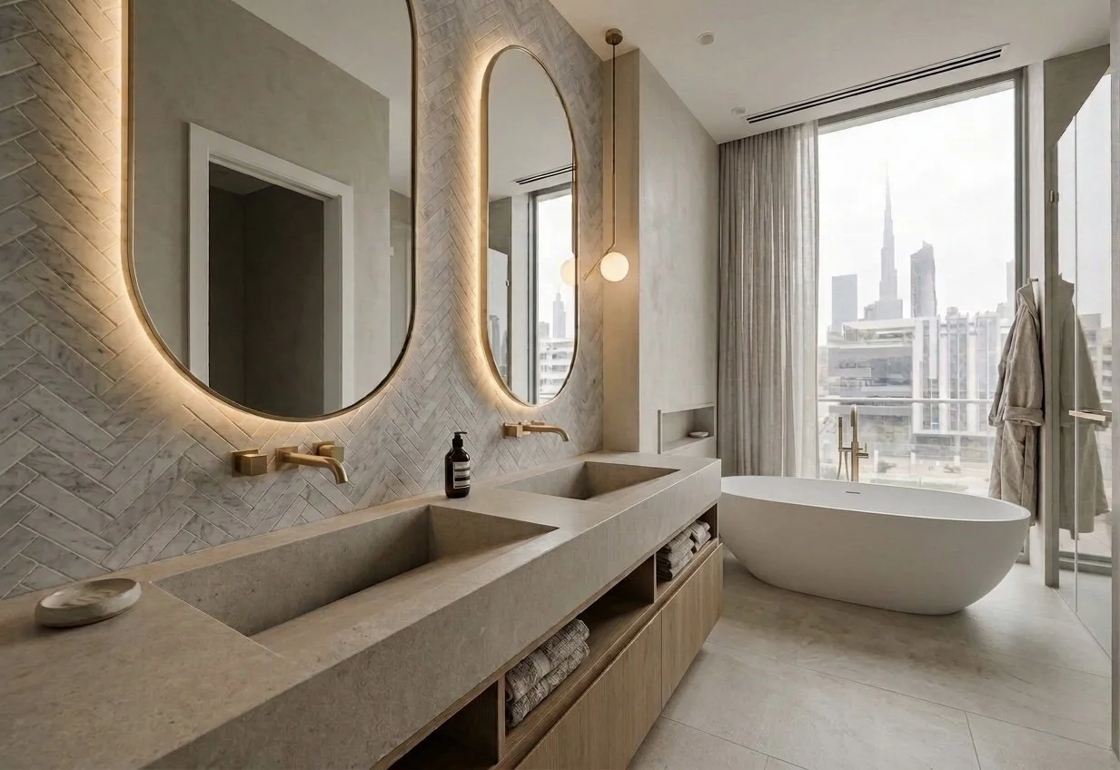 Contemporary Dubai apartment master bathroom with marble chevron tiles, double marble vanity, brass tapware and freestanding bathtub