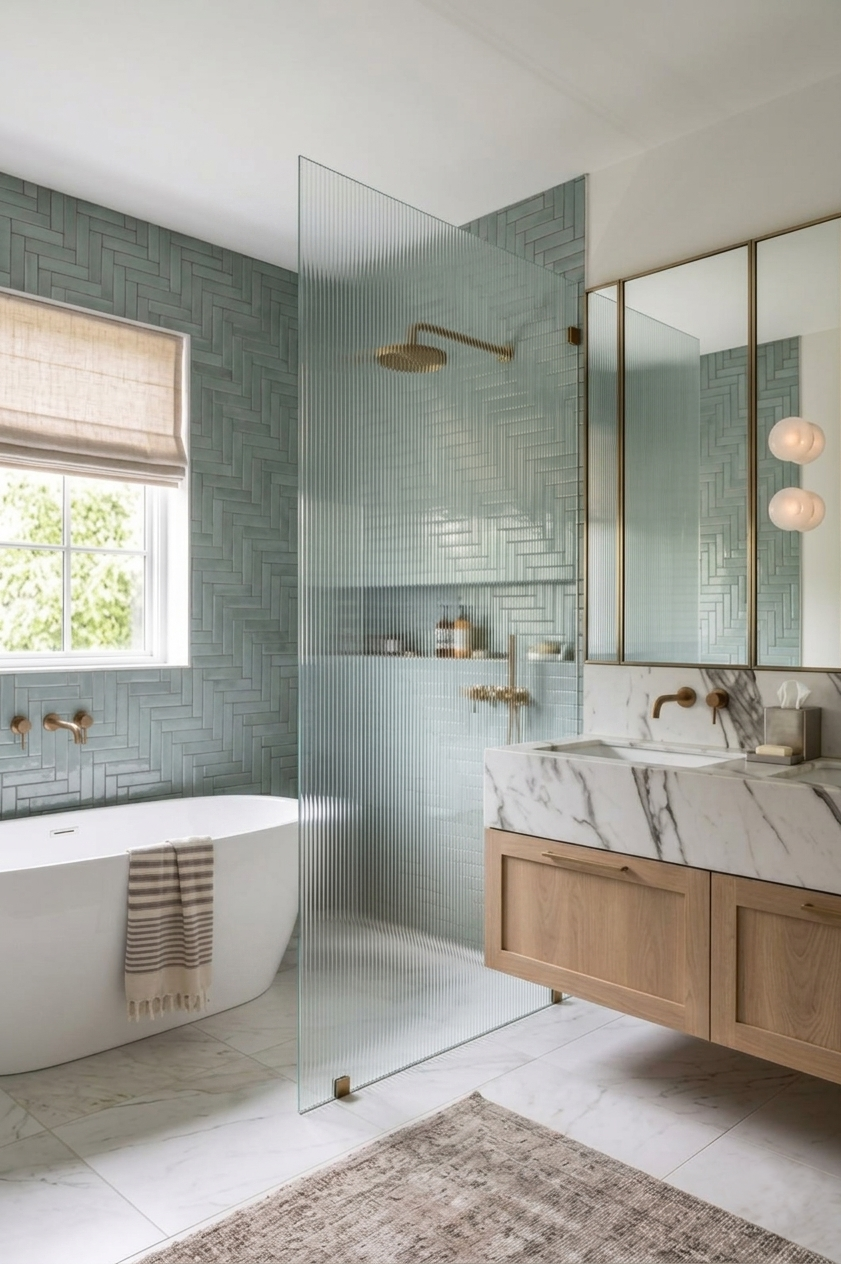 Double bathroom vanity with natural stone benchtop and brushed brass tapware in a contemporary Brisbane home