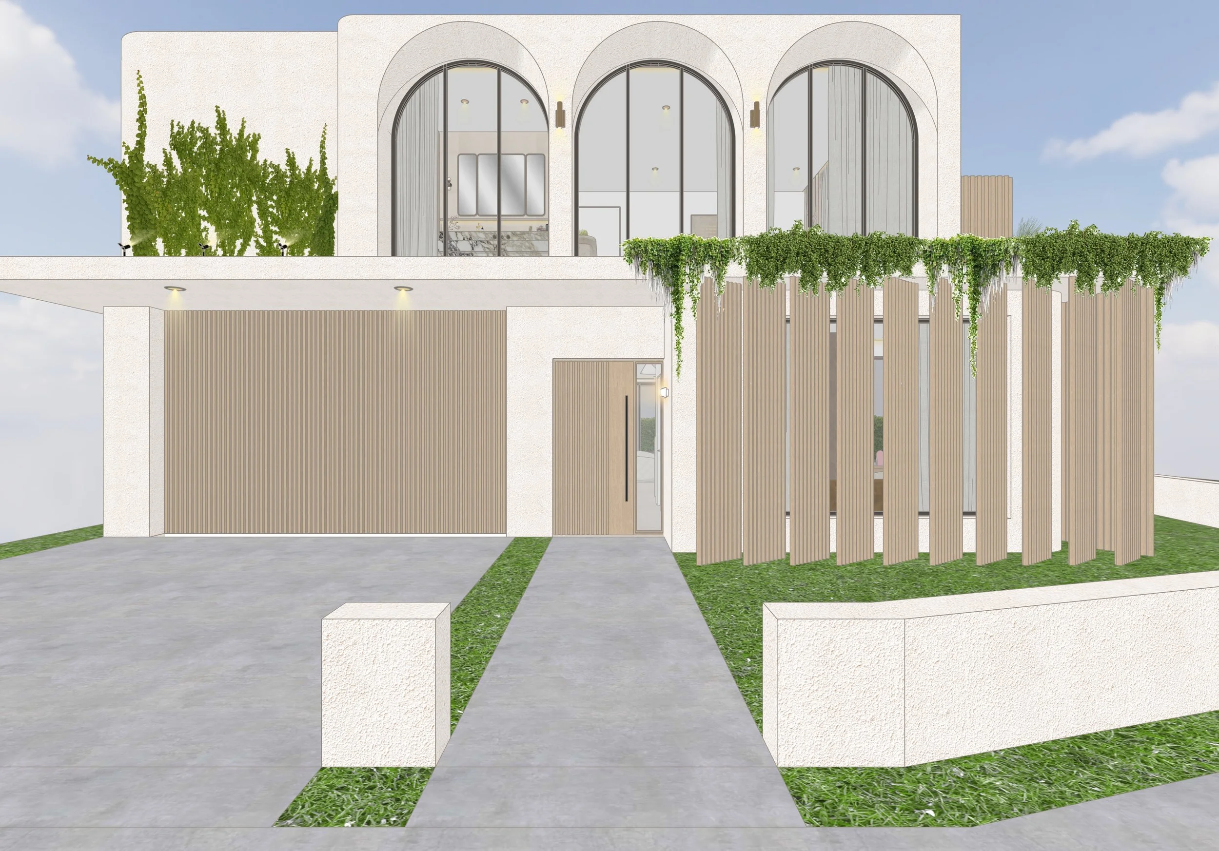 Contemporary facade with a touch of modern Parisian style, curved arches, light oak battens in a Sydney new-build