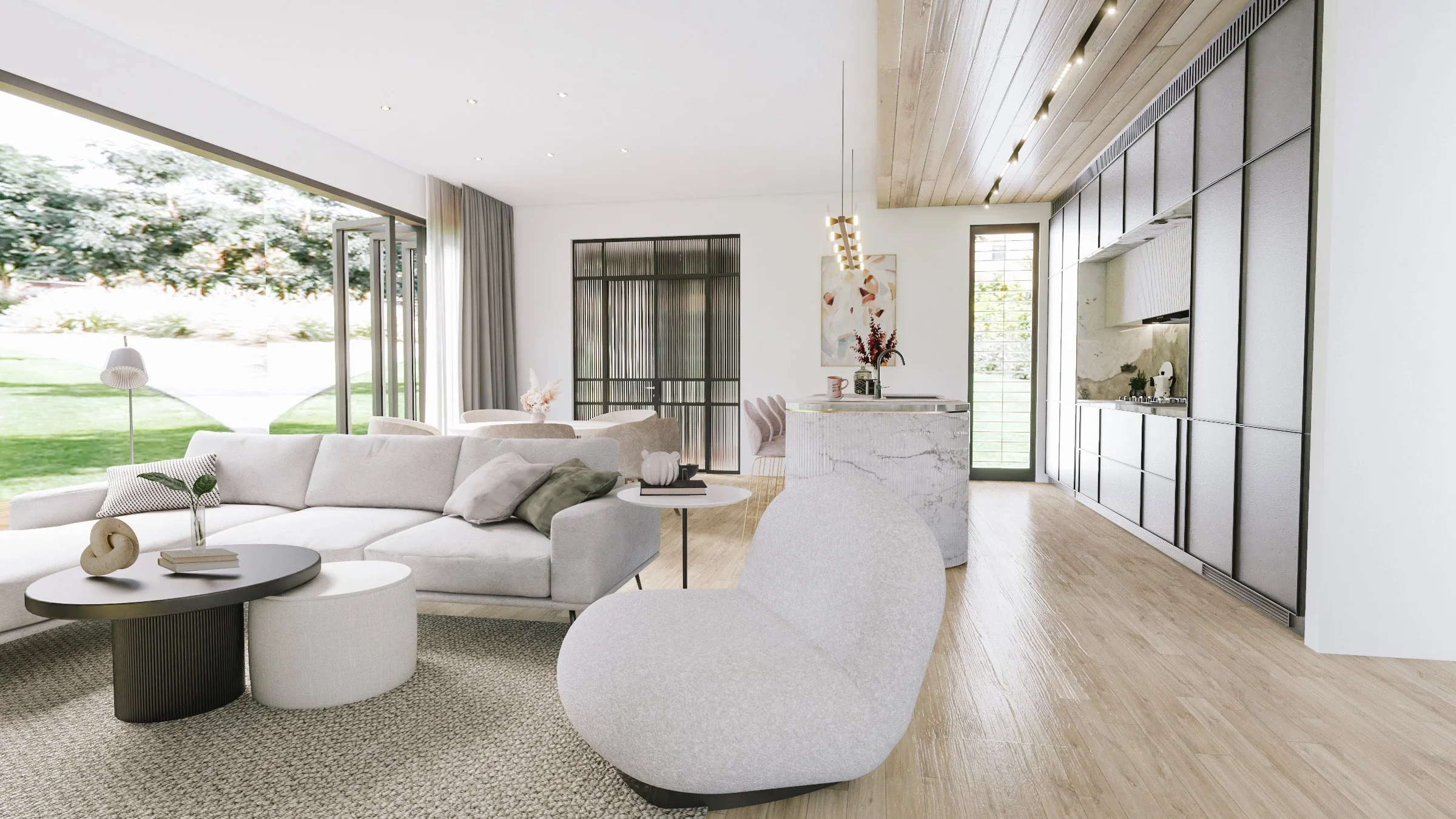 Open-plan kitchen design with light timber flooring and sculptural island