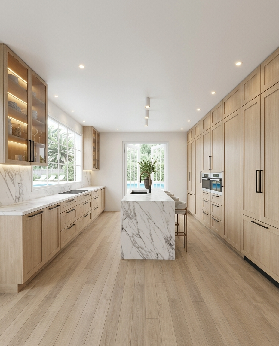 Modern farmhouse kitchen with oak cabinetry, natural stone island and brushed brass details designed by TID Studio in Brisbane