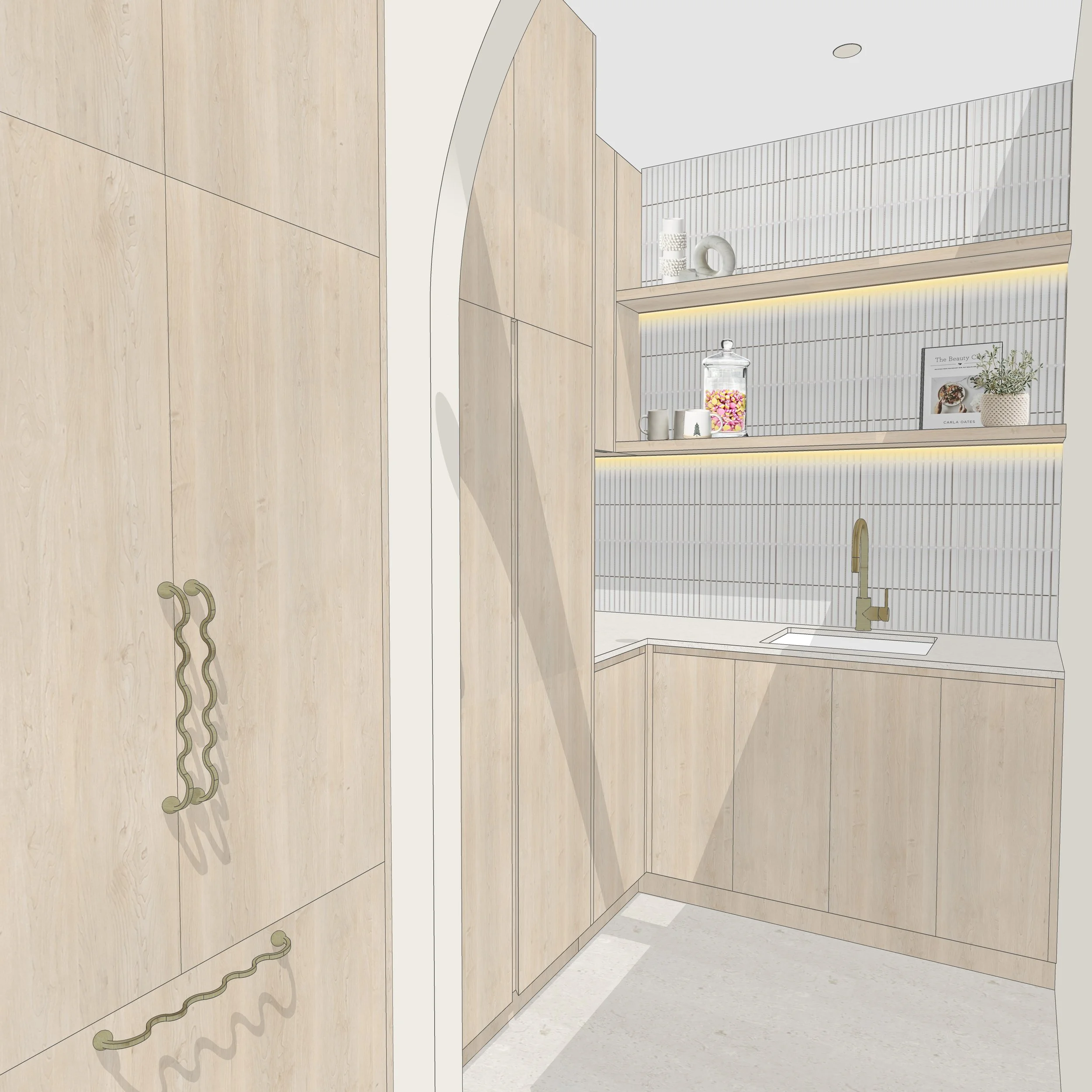 Pantry behind a curved archway featuring open shelving, brass tapware, and vertical white tiles