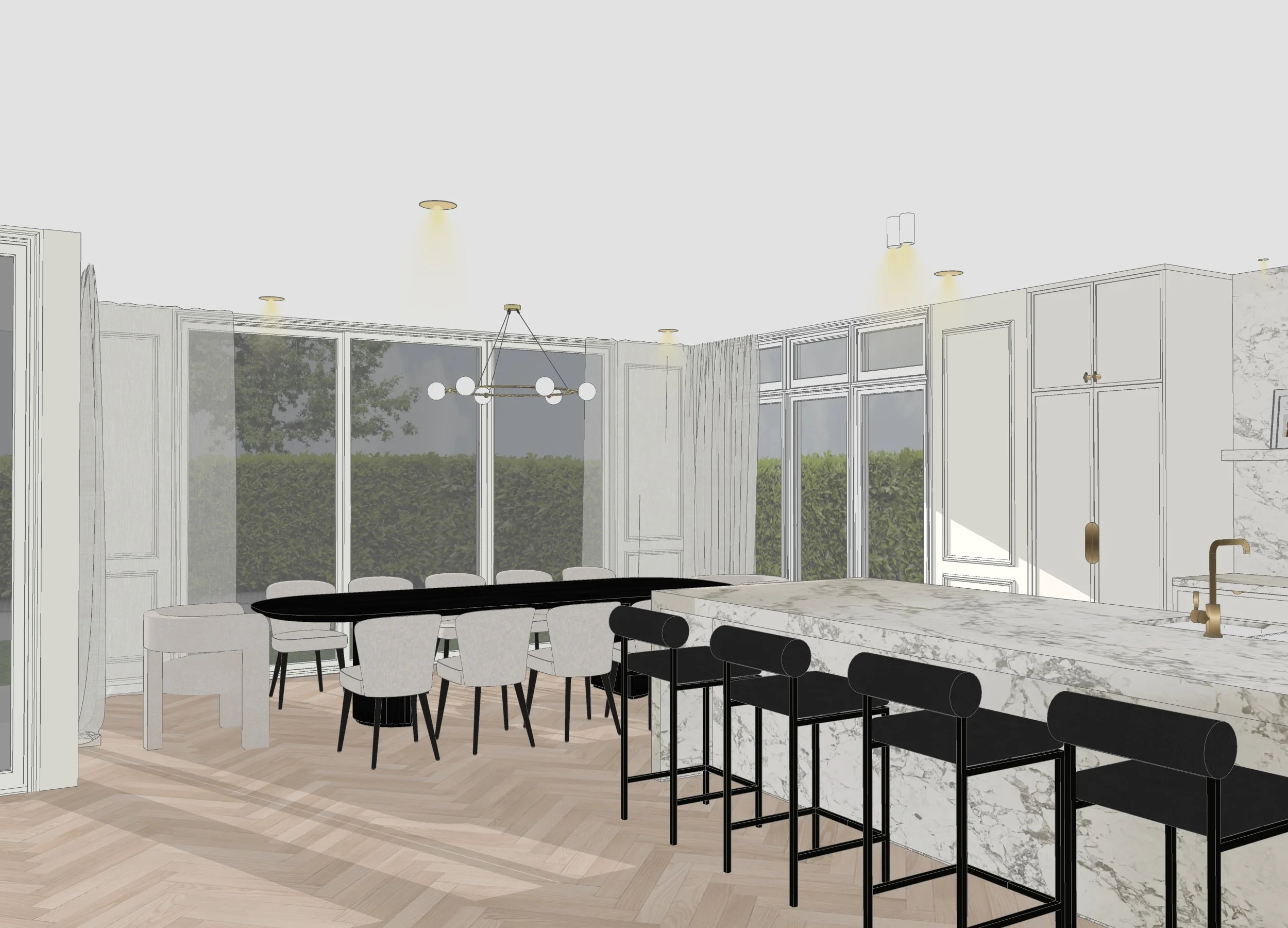 Dining room with sculptural chandelier and upholstered chairs in Melbourne home