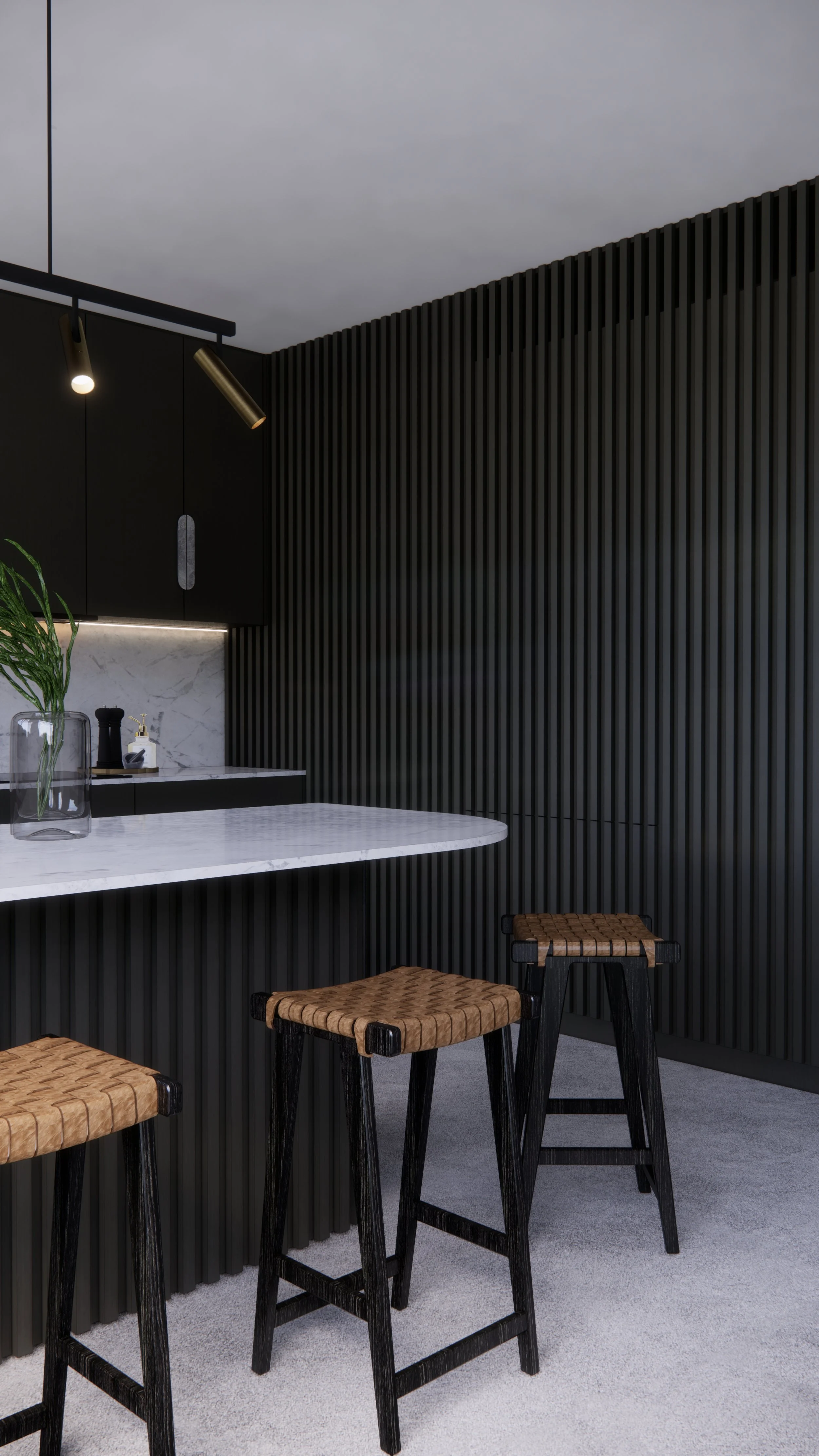Black and timber kitchen design with textural battens and brass lighting